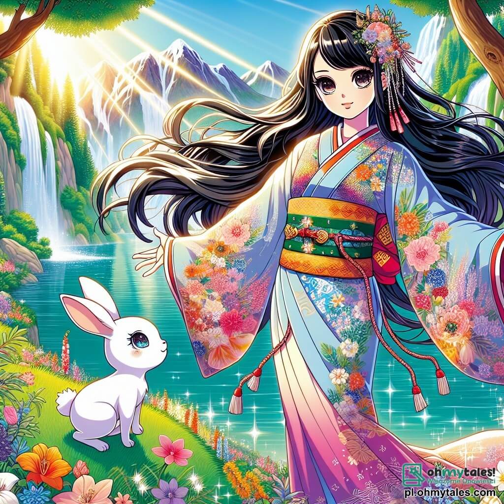 Aiko, młoda kobieta w wieku około 20 lat, z długimi, czarnymi i błyszczącymi włosami, nosi kolorowy kimono ozdobione kwiatowymi wzorami. Ma zdecydowane i marzycielskie spojrzenie, stojąc na brzegu magicznego jeziora z otwartymi ramionami, jakby przyjmowała piękno świata. Obok niej stoi Haru, mały biały królik z błyszczącymi oczami, który patrzy na Aiko z podziwem, gotowy ją wspierać w jej poszukiwaniach. Tło to czarujący krajobraz: krystalicznie czyste jezioro otoczone zielonymi górami i jaskrawymi kwiatami, z promieniami słońca przebijającymi się przez majestatyczne drzewa, tworząc atmosferę magii i spokoju. Główna scena pokazuje Aiko, pełną odwagi, gotową stawić czoła swoim lękom i odkryć magię, która ją otacza, podczas gdy Haru zachęca ją do podążania w stronę nieznanego.