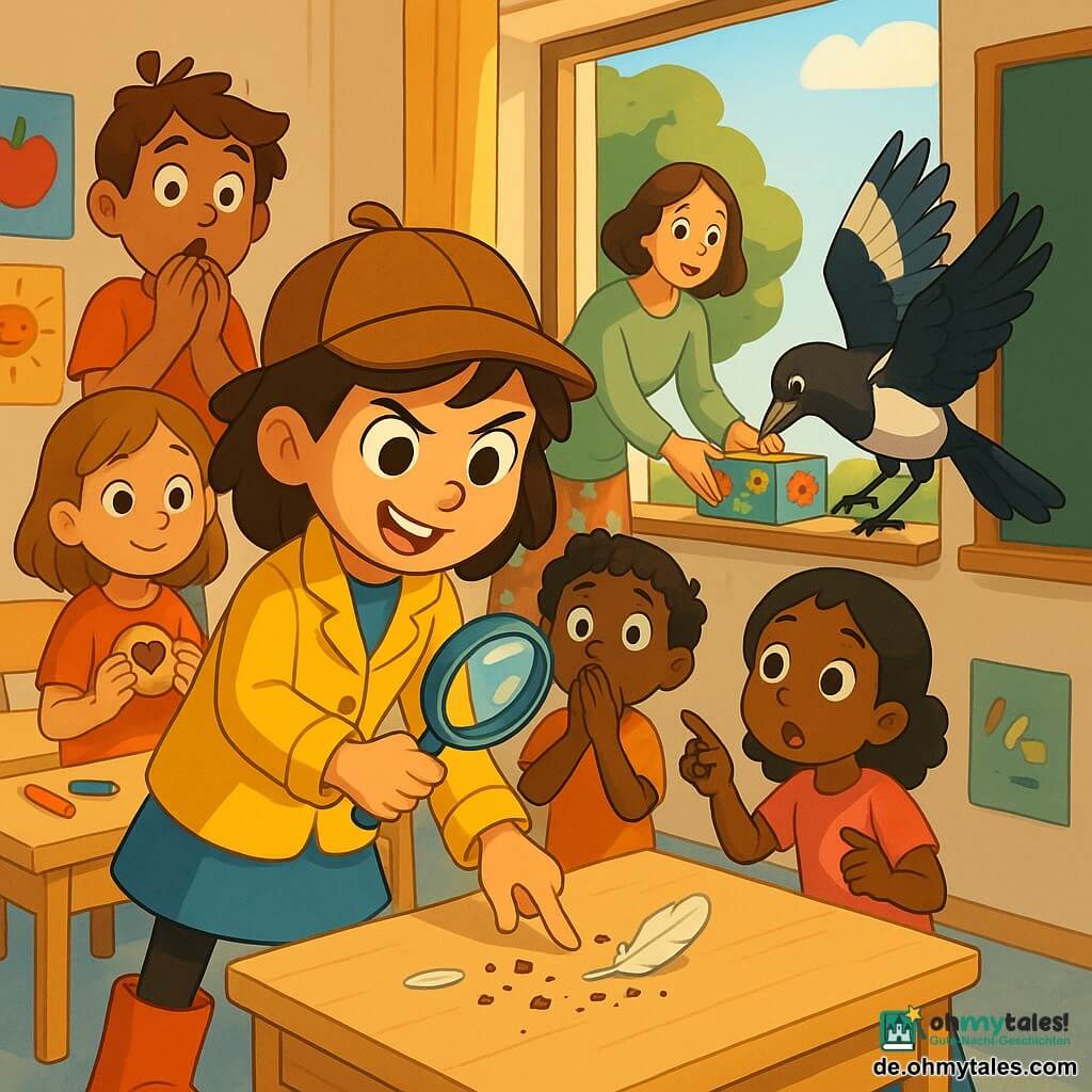 Maja, ein lächelndes, konzentriertes Mädchen und Detektivin, hält in der rechten Hand eine glänzende Lupe und zeigt ein kleines weißes Staubwedelchen sowie Schokoladenkrümel auf dem Pult; sie trägt eine zitronengelbe Jacke, einen blauen Rock und große rote Stiefel, Jonas, ein etwa 9‑jähriger Junge mit roten Wangen und runden Augen, steht überrascht mit den Händen vor dem Mund hinter ihr, Mia, etwa 8, hält ein mit einem Schokoladenherz dekoriertes Keks und lächelt schüchtern links neben einem Stuhl, Clara, ebenfalls ca. 8, zeigt neugierig auf das offene Fenster neben der Tafel rechts, Frau Sonnenschein, eine Lehrerin um die dreißig, stellt eine bunte Keksdose auf den Fensterbrett und trägt einen weichen grünen Pullover und einen geblümten Rock, eine schwarz‑weiße Elster mit glänzendem Gefieder und silbernem Schnabel stiehlt mit leicht ausgebreiteten Flügeln ein kleines Keks aus der Dose, die helle Klasse hat helle Holztische mit verstreuten Stiften und bunte Poster an der Wand, durch das offene Fenster sieht man eine große grüne Eiche; Hauptszene: dynamischer Entdeckungsmoment — Maja zeigt dem Kreis die Hinweise, während die Elster den letzten Keks stiehlt, Überraschung und Gelächter, Komposition zentriert auf Fenster, Dose und Elster.
