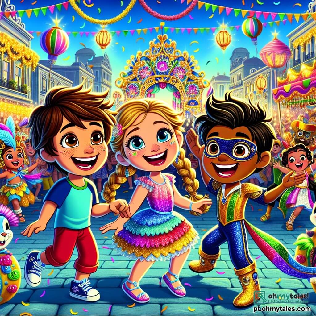 Em uma cena alegre de carnaval, três amigos estão no centro da praça animada. Miguel, um garoto de 12 anos com cabelo castanho bagunçado e um grande sorriso, usa uma camiseta colorida e shorts. À sua direita, Hannah, uma menina de 11 anos com tranças douradas e olhos brilhantes, veste um vestido brilhante decorado com penas. À esquerda, Leo, um garoto de 12 anos, exibe uma capa de super-herói cintilante e uma máscara divertida, com uma expressão cheia de energia. O ambiente é vibrante, decorado com guirlandas coloridas, balões flutuantes e barracas de guloseimas. Carros alegóricos desfilam ao fundo, enquanto confetes caem do céu azul. Os três amigos dançam alegremente no palco, cercados por criaturas fantásticas e outras crianças, todos prontos para participar de uma grande competição de dança. A atmosfera está repleta de risadas, música animada e uma magia palpável, capturando o espírito festivo do carnaval.
