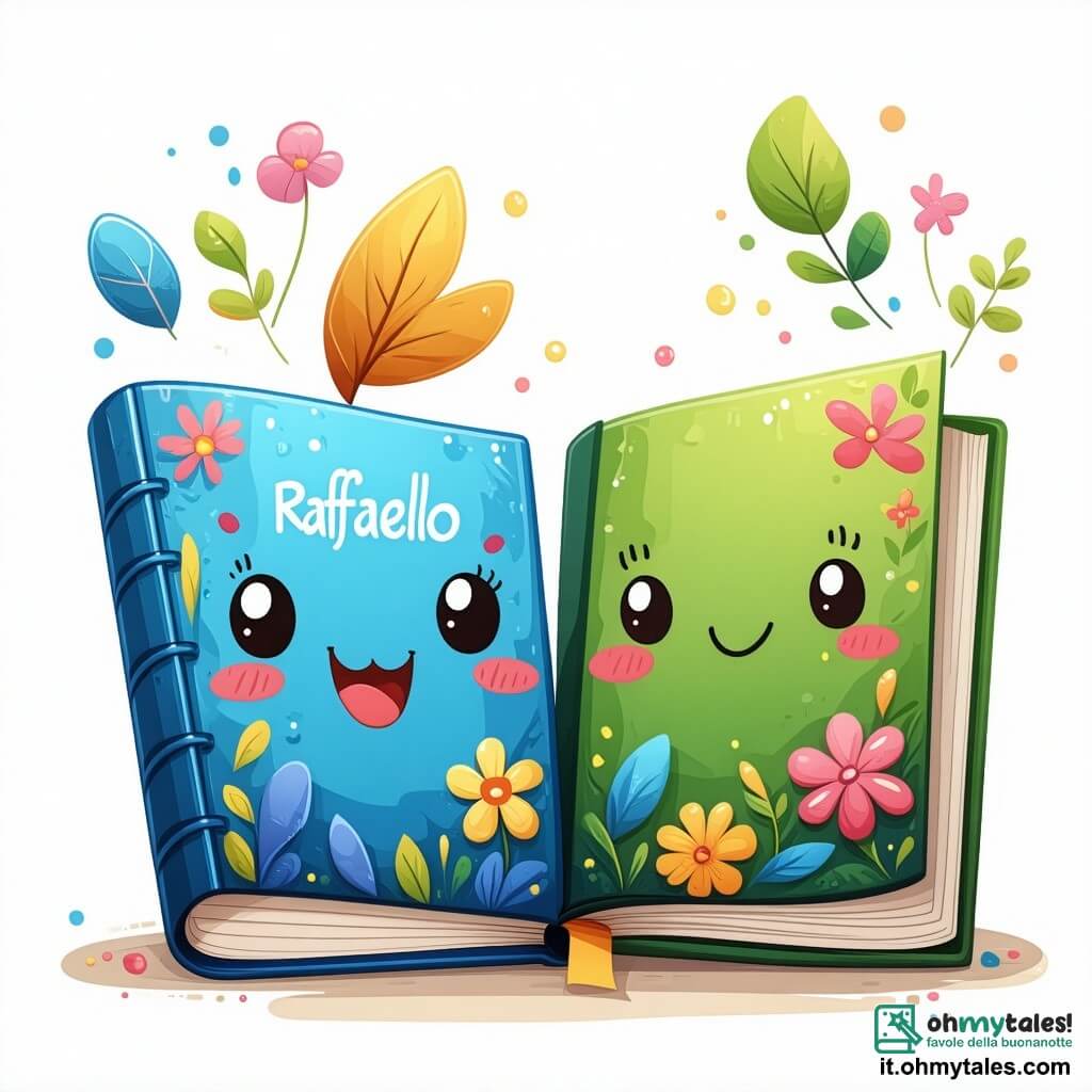 Raffaello, un quaderno blu brillante con motivi di animali e fiori, è al centro dell'immagine, mostrando un'espressione gioiosa e determinata. Le sue pagine sono aperte, rivelando disegni colorati e parole ispiratrici sull'amicizia e la diversità. Accanto a lui, Aisha, un quaderno con copertina verde decorata con motivi di fiori esotici, sorride con orgoglio. Le sue pagine emanano un profumo di spezie, e tiene una matita colorata, pronta a disegnare. Il contesto è un'aula luminosa, con muri decorati da disegni di bambini che rappresentano diverse culture. Le finestre lasciano entrare la luce del sole, illuminando i volti entusiasti degli studenti. La scena principale mostra Raffaello e Aisha mentre presentano la loro storia sulla diversità ai compagni di classe, che li ascoltano attentamente, creando un momento di condivisione e inclusione.