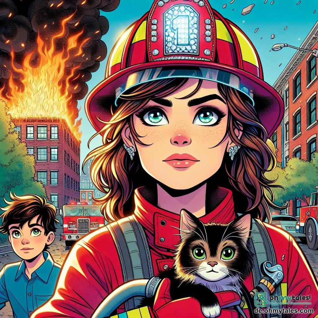 Eine Feuerwehrfrau, Rosa, steht stolz vor einem brennenden Gebäude, ihr Gesicht entschlossen und konzentriert, mit leuchtenden Augen und leicht geröteten Wangen vom Einsatz. Sie trägt einen leuchtend roten Anzug, einen glänzenden Feuerwehrhelm und hält einen leistungsstarken Feuerwehrschlauch bereit, um das Feuer zu löschen. Neben ihr schaut ein etwa 10-jähriger Junge namens Emil bewundernd zu. Er hat zerzauste braune Haare und trägt ein blaues T-Shirt. Er hält seine Katze Momo, eine kleine schwarze Katze mit grünen Augen, die sich an ihn schmiegt, mit einem Ausdruck der Erleichterung auf seinem Gesicht. Der Ort ist eine städtische Straße, mit Backsteingebäuden und grünen Bäumen im Hintergrund. Schwarzer Rauch quillt aus den Fenstern des brennenden Gebäudes, während Feuerwehrleute geschäftig umherlaufen, was eine dynamische und heldenhafte Atmosphäre schafft. Die Hauptsituation zeigt Rosa, die die Rettungsaktion leitet, während Emil, mit einem Funken Hoffnung in den Augen, darauf wartet, dass Momo in Sicherheit ist. Der Kontrast zwischen den lodernden Flammen und der Entschlossenheit der Charaktere schafft eine Szene voller Energie und Emotion.
