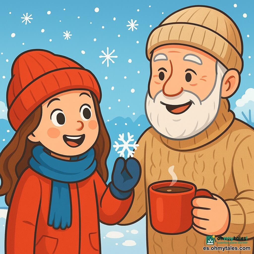 Una niña de 8 años, con largos cabellos castaños y mejillas sonrosadas, sonríe con asombro mientras sostiene un delicado copo de nieve en la punta de su guante. Lleva un abrigo rojo brillante, una bufanda azul y un gorro de lana, sus ojos brillan de emoción. A su lado, un hombre de unos 60 años, el vecino, con barba blanca y una cálida sonrisa, sostiene una taza de chocolate caliente, vestido con un grueso suéter de lana y un gorro de lana. Están en un jardín nevado, donde los copos caen suavemente a su alrededor, creando un paisaje mágico. La escena muestra la alegría de la niña descubriendo la nieve por primera vez, mientras el vecino le habla con amabilidad, compartiendo un momento de calidez humana en medio del invierno.