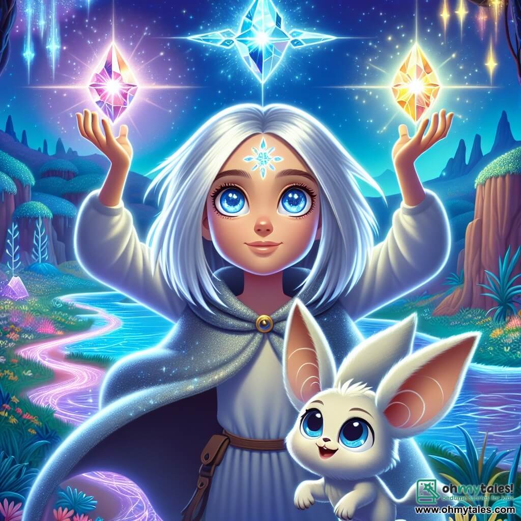 Lyra is a young woman with shimmering silver hair that floats gently around her like stars in space. Her deep blue eyes are filled with determination and wonder as she raises her arms to unite three glowing crystals above her head, emitting a brilliant light. Beside her, Nibbles, a small fluffy creature with large ears and round eyes, jumps with excitement, paws raised to the sky, ready to encourage her in this magical adventure. Their environment is a fantastical landscape of Eldoria, with vibrant crystalline trees, rivers of liquid light winding through the ground, and an indigo sky dotted with two bright moons. The scene captures the climax where Lyra combines the crystals to restore the Cosmic Nexus, creating an explosion of light that illuminates the landscape, while bursts of energy swirl around them, symbolizing the regained harmony in this magical universe.