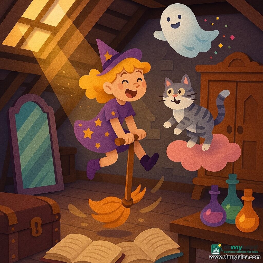 The scene shows Lily, an apprentice witch—joyful and mischievous with curly blonde hair, a purple starry dress and small pointed hat—bouncing on a pogo-like broom in a warm, cluttered attic with dark wooden beams, worn leather trunks, dusty open books, glowing colorful vials and a large antique mirror; Mr. Whiskers, a gray-and-white tabby cat, floats amusedly on a small pink cloud bubble near the broom while Boo, a round smiling translucent ghost, twirls above an old wardrobe sprinkling colorful sparks; golden rays filter through a skylight casting cut shadows and sparkling reflections, and the composition is dynamic with bright contrasting colors—violets, pinks, golds and soft greens—paper-cut textures and crisp outlines.
