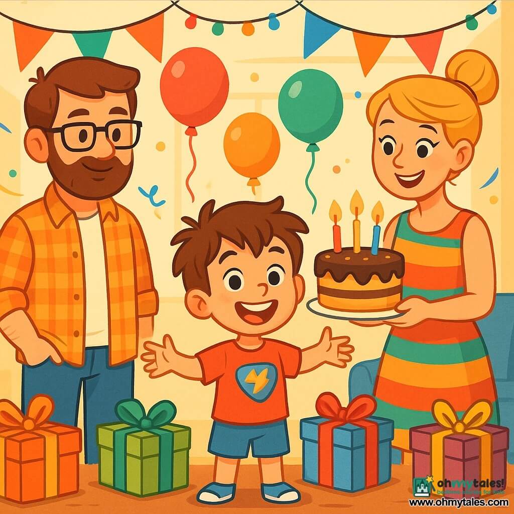 An 8-year-old boy, Max, with messy brown hair and sparkling eyes, stands in the center of the room, a big smile on his face. He wears a red t-shirt with a superhero design and blue shorts. Next to him, his parents, Mr. and Mrs. Johnson, watch him with proud and loving expressions. Mr. Johnson, a man in his forties with glasses and a light beard, wears a plaid shirt and jeans. Mrs. Johnson, a smiling woman in her thirties with her blonde hair in a bun, is dressed in a colorful dress and holds a birthday cake decorated with candles. The scene takes place in a festive living room filled with colorful balloons floating from the ceiling, sparkling garlands, and a large table adorned with a chocolate birthday cake. Colorful gifts are scattered around the room, adding to the joyful atmosphere. Max, overflowing with excitement, has just discovered his birthday presents, his eyes shining with wonder as he turns to his parents to share his joy.
