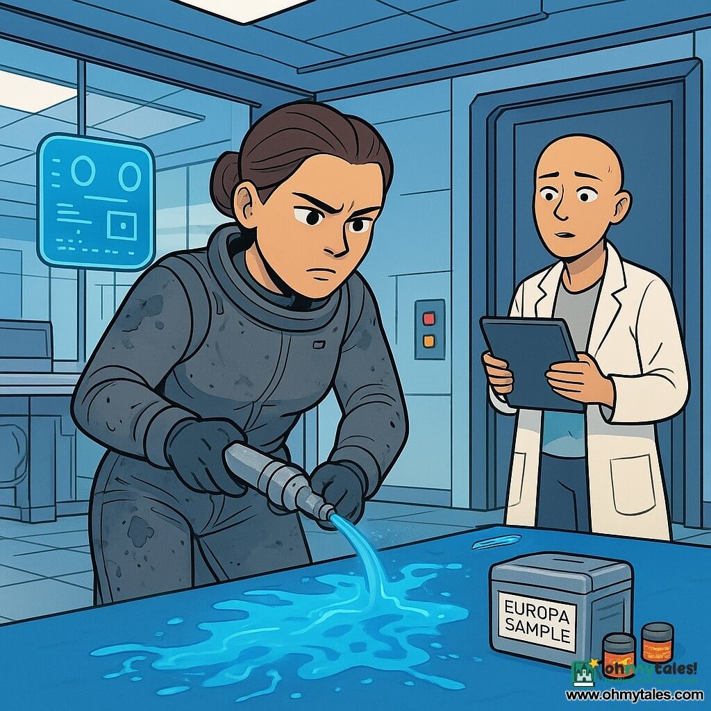 Mara Quill, adult woman with a determined, focused face, lips tight and attentive eyes, in a worn grey spacesuit with oil stains, holds a small silver sterilizer spraying a fine mist on a shiny blue sheet; Dr. Hana Voss, ~40, shaved head, tired but relieved, in a white lab coat holding a tablet stands near the security door slightly behind Mara to the right; Finch is a small floating blue holographic interface above Mara's left shoulder showing numbers and a mini room map; the lab is a modern glass-walled room with bright panels, smooth tiled floor and sensor glows; vivid electric-blue biofilm forms shiny, undulating patches on the floor and around an electrical panel; Mara is cutting a thin biofilm connection between a box labeled EUROPA SAMPLE and the floor as the film retracts toward two small heated bait units and panel indicators switch from red to amber; clear composition, contrasting colors, clean-line style, flat colors, readable expressions and calm dynamism.
