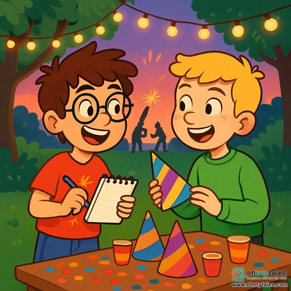 There are two main characters: Max, a 10-year-old boy with messy brown hair and round glasses, wearing a red t-shirt with a firework pattern and blue shorts. He holds a notebook in one hand and a pen in the other, smiling enthusiastically. Leo, also 10, has blonde hair and freckles, wearing a bright green sweater and black pants. He is holding a colorful party hat and looking at Max with a big smile. The scene takes place in Max's garden, decorated with sparkling lights hanging from the trees. There is a large table covered with confetti, colorful party hats, and small paper cups. In the background, neighbors are preparing fireworks, and the sky is tinted with shades of purple and orange at sunset. The main situation shows Max and Leo standing in the garden, excitedly discussing their ideas for the New Year's party, surrounded by festive decorations and a joyful atmosphere, ready to make the evening unforgettable.