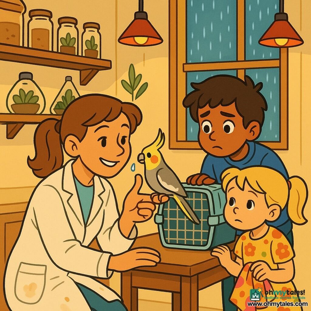 A gentle, smiling female veterinarian with light brown hair in a ponytail and a light smudged lab coat kneels at a small wooden exam table, holding a gray-and-yellow cockatiel named Pip delicately on her finger while gently examining its beak; a worried-but-hopeful 10-year-old boy with messy brown hair and a blue t-shirt stands to the right leaning on a transport cage, and a curious 6-year-old girl in a floral dress with blonde pigtails stands to the left holding a colorful towel and her brother’s hand; the cozy clinic has cream walls with animal posters, wooden shelves with jars and terrariums, a large “balanced diet” poster and pixelated rain visible at the window; warm, soft lighting and a centered composition focus on hands and gazes to emphasize care and reassurance.