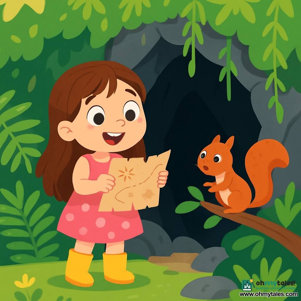 A 6-year-old girl named Lily, with long brown hair and sparkling curious eyes, stands in front of a large dark cave, her face lit up by an excited smile. She wears a pink polka-dot dress and rubber boots, holding an old treasure map in her hands. Beside her, a curious and mischievous little squirrel with reddish fur climbs a low branch, watching Lily with bright eyes. The cave is surrounded by large green ferns and hanging vines, with gray, damp rocks glistening slightly in the sunlight. The cave entrance is hidden behind a curtain of leaves, creating a mysterious and magical atmosphere. Full of enthusiasm, Lily prepares to enter the cave, her heart racing at the thought of discovering the hidden treasure.