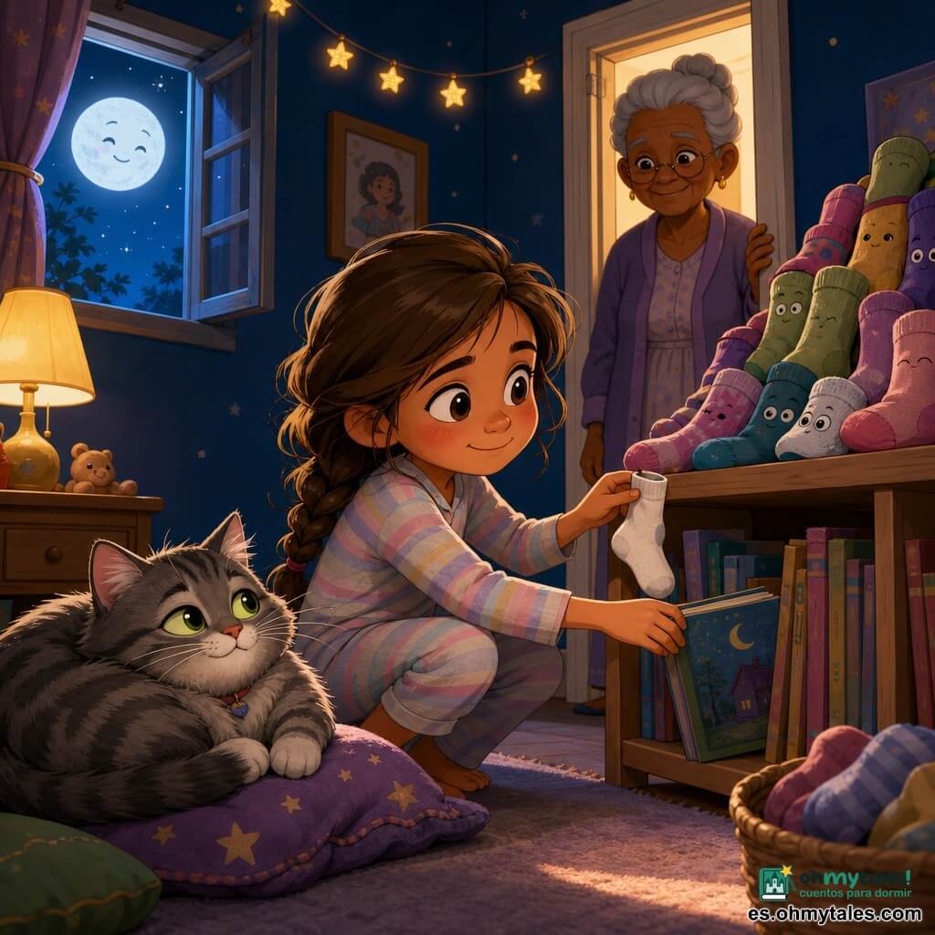 Niña de 8 años, emocionada y serena, mejillas sonrosadas y ojos brillantes, pelo castaño claro en trenza desordenada, con pijama de rayas pastel, se agacha frente a una estantería y desliza un pequeño libro ilustrado mientras ofrece medio calcetín blanco; un gato gris atigrado llamado Calcetín, de pelaje esponjoso y ojos verdes, acurrucado cerca la mira con aire protector; la abuela de unos 70 años, pelo blanco en moño y sonrisa dulce, vela la escena junto a la puerta iluminada por una lámpara; en la estantería hay una pequeña pila de calcetines coloridos, algunos con ojos bordados; la habitación nocturna y cálida, paredes azul noche, guirnalda de estrellas, lámpara amarilla y una ventana que deja pasar la luz de la luna sonriente crean una atmósfera apacible y segura mientras la niña guarda la historia antes de dormir.