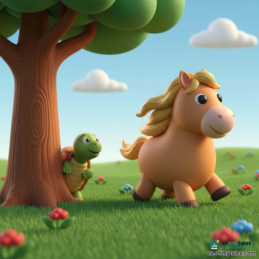 Un caballo marrón claro de cuerpo redondo y liso, gran cabeza sonriente, crin dorada brillante y ojos negros vivaces, trotando ligeramente hacia un gran árbol; una tortuga verde pequeña con caparazón texturizado en motivos naranja y amarillo, expresión contenta y traviesa, parcialmente oculta tras el tronco a la izquierda del caballo; pradera amplia y verde con hierba corta y flores rojas y azules, colina suave al fondo, cielo azul claro con nubes blancas y luz cálida de mañana; escena central: juego de escondite tierno y juguetón entre ambos, atmósfera suave, colores vivos y siluetas redondeadas y simplificadas tipo juguetes de plastilina.