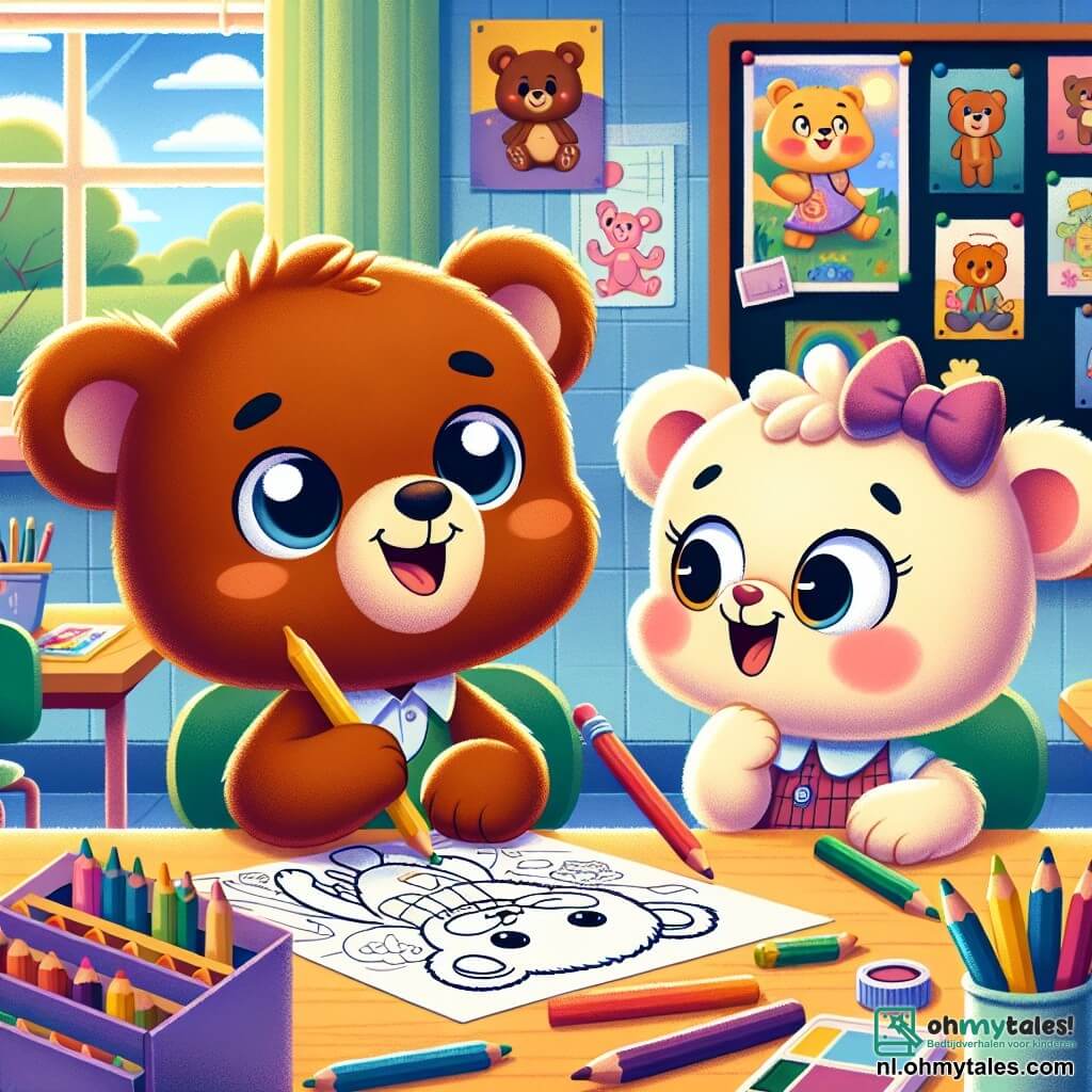 In het midden van de afbeelding zit Benny, een kleine teddybeer met een zachte bruine vacht en sprankelende ogen, aan een klaslokaaltje, enthousiast glimlachend terwijl hij kleurpotloden vasthoudt. Naast hem kijkt Lila, een kleine berenmet een crèmekleurige vacht en glanzende ogen, met bewondering naar haar tekening, haar wangen blozend van opwinding. Het klaslokaal is helder en kleurrijk, met muren versierd met kindertekeningen, planken vol boeken en een groot raam dat zonlicht binnenlaat, waardoor het schoolbord achterin wordt verlicht. Benny en Lila werken samen aan een kunstproject, omringd door kleurrijke papieren en kunstbenodigdheden, terwijl ze lachen en hun ideeën delen om een werk te creëren dat hun vriendschap symboliseert.