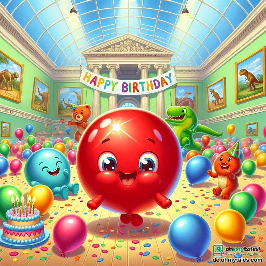 Ein kleiner roter Ballon, rund und glänzend, hüpft vor Freude in der Mitte eines großen Museumsraums mit einem breiten Lächeln im Gesicht. Er ist von bunten Konfetti umgeben, die in der Luft schweben und die Feier seines Geburtstags symbolisieren. Rechts von ihm rollt ein leicht größerer blauer Ballon enthusiastisch mit funkelnden Augen. Er hält ein kleines Banner "Alles Gute zum Geburtstag" in seinen kleinen händchenartigen Pfoten. Links tanzt ein grüner Ballon mit fröhlichem Ausdruck und macht Pirouetten, seine Arme ausgebreitet, als wolle er die Welt umarmen. Der Raum ist hell erleuchtet, mit Wänden, die mit bunten Gemälden und Dinosaurierfossilien im Hintergrund geschmückt sind. In der Mitte steht eine große Geburtstagstorte, dekoriert mit funkelnden Kerzen und bunten Früchten, umgeben von feiernden Ballons. Die Hauptsituation zeigt den kleinen roten Ballon, umgeben von seinen Freunden, die seinen Geburtstag mit Lachen, Spielen und einer festlichen Atmosphäre feiern und einen unvergesslichen Moment der Freude und Freundschaft schaffen.