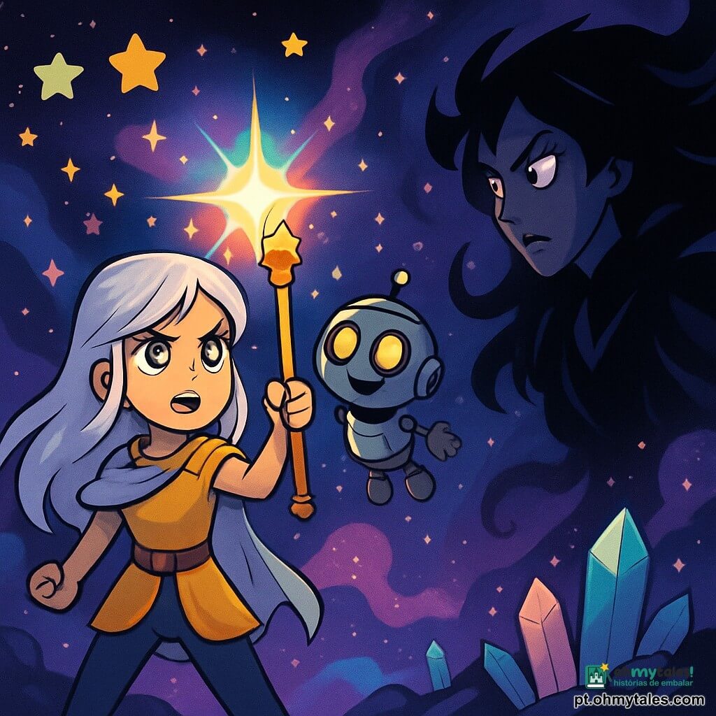 Elara, uma jovem com longos cabelos prateados e olhos brilhantes como estrelas, está orgulhosamente no centro do palco, segurando o Cetro Cósmico cintilante. Seu rosto expressa uma determinação radiante, iluminado pela luz mágica que emana do objeto. Ao seu lado, Orin, um pequeno robô flutuante com uma carcaça metálica brilhante e olhos luminosos, observa com admiração, seus circuitos brilhando de alegria. O ambiente é uma dimensão fantástica onde estrelas coloridas flutuam em um céu escuro, criando um fundo mágico. Nebulosas giram ao redor, com tons de roxo, azul e rosa, enquanto cristais luminosos emergem do solo, adicionando um toque de mistério à atmosfera. A cena mostra Elara e Orin frente a Vendra, uma imponente bruxa das trevas, cuja silhueta está envolta em sombras giratórias. Vendra, com seus cabelos negros como a noite e olhos penetrantes, parece hesitar, confrontada com a luz brilhante do Cetro. A tensão é palpável enquanto Elara se prepara para defender o universo com coragem e esperança.