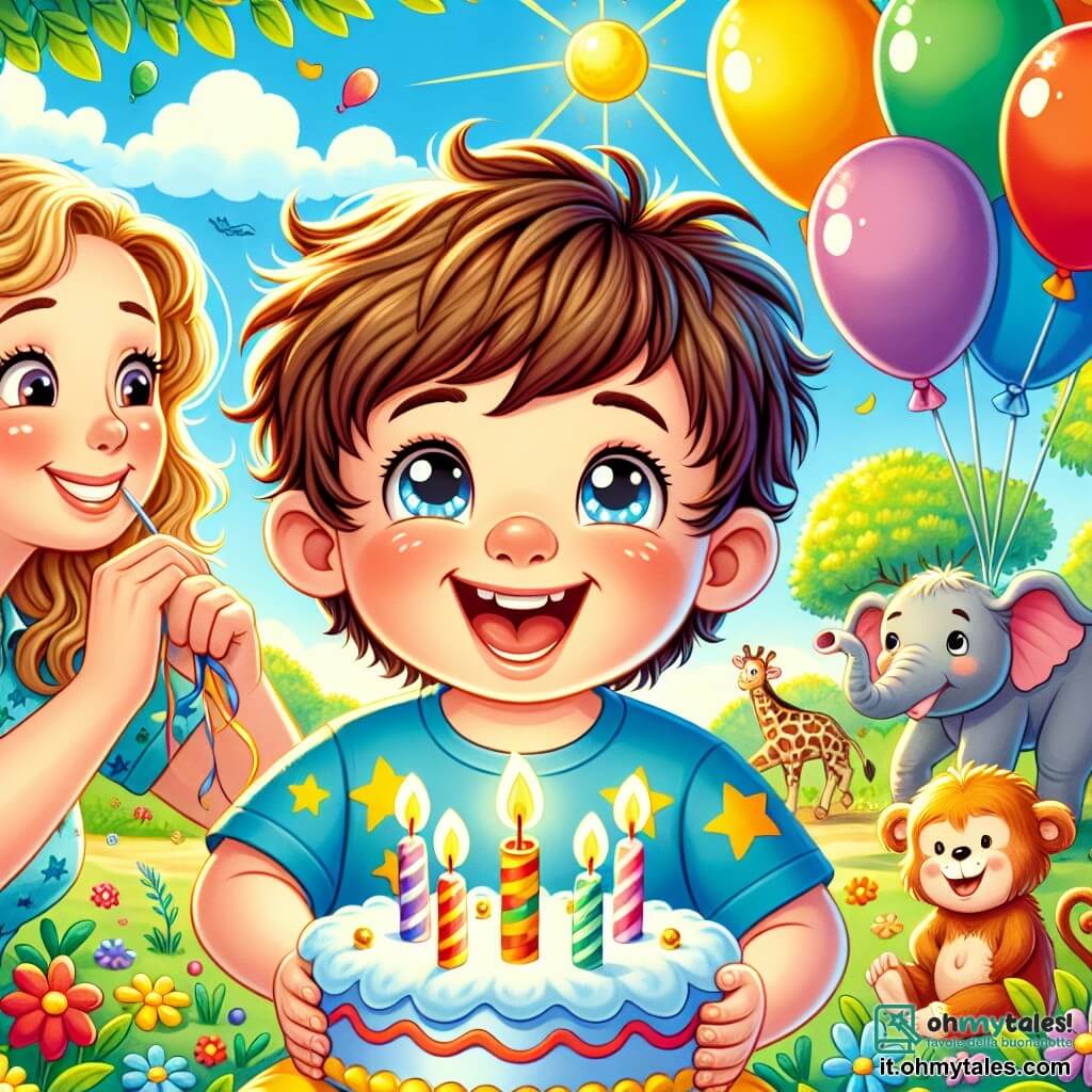 Un bambino di 2 anni, di nome Luca, con capelli castani e occhi scintillanti di gioia, sorride ampiamente tenendo un grande pallone colorato. Indossa una maglietta blu con stelle e un pantaloncino giallo. Accanto a lui, sua madre, una donna sorridente di circa 30 anni con capelli lunghi e ricci, lo guarda con tenerezza, tenendo una torta di compleanno decorata con candele scintillanti. La scena si svolge in uno zoo soleggiato, con alberi verdi lussureggianti e animali colorati sullo sfondo, come un elefante e una scimmia che si divertono. Luca sta soffiando le candeline della sua torta di compleanno, circondato da risate e felicità, mentre gli animali sembrano incoraggiarlo con espressioni amichevoli.