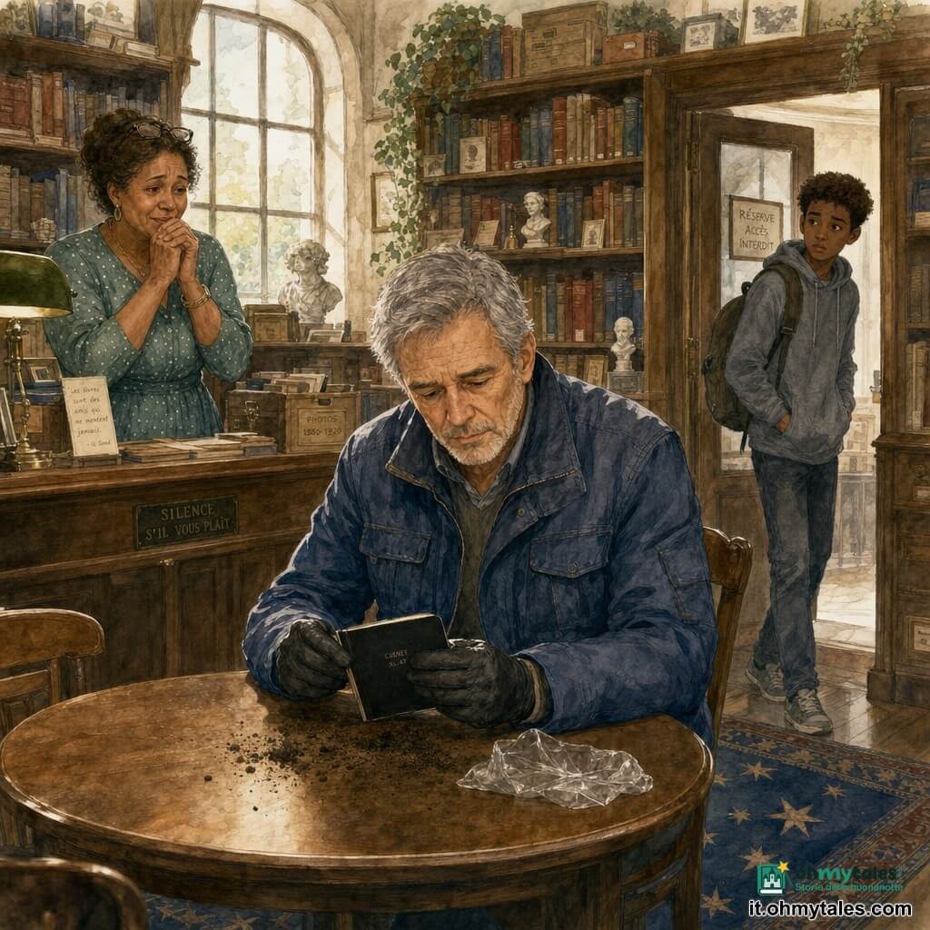 Un investigatore di circa 60 anni, volto dolce e rugoso, capelli grigi corti, giacca blu con tasche piene, osserva attentamente un piccolo taccuino nero su un tavolo; espressione concentrata e serena, sopracciglia corrugate, mani guantate che tengono delicatamente il taccuino. Una bibliotecaria di circa 50 anni, capelli castano chiaro raccolti in uno chignon, occhiali sulla testa, vestito semplice a pois, è in piedi dietro il bancone a sinistra, viso preoccupato ma sollevato, mani vicino alla bocca. Un ragazzo di circa 16 anni con felpa grigia con cappuccio e zaino, capelli castani, osserva la scena vicino alla porta sul fondo, postura frettolosa ma attenta, una mano nella tasca come se stesse per andarsene. La scena si svolge in una biblioteca antica con scaffali in legno scuro pieni di libri dai dorsi colorati, tappeto a motivi stellati sotto un tavolo rotondo, finestre alte con luce soffusa e piccoli oggetti d'archivio sugli scaffali. Situazione principale: l'investigatore ha trovato il taccuino nero in un piccolo mucchio di carte vicino a un cassonetto nel patio; atmosfera di sollievo e curiosità, piccole tracce di terra e un pezzo di plastica trasparente accanto al taccuino, atmosfera calma e calda, palette acquerello con tocchi di marrone, blu e verde muschio.