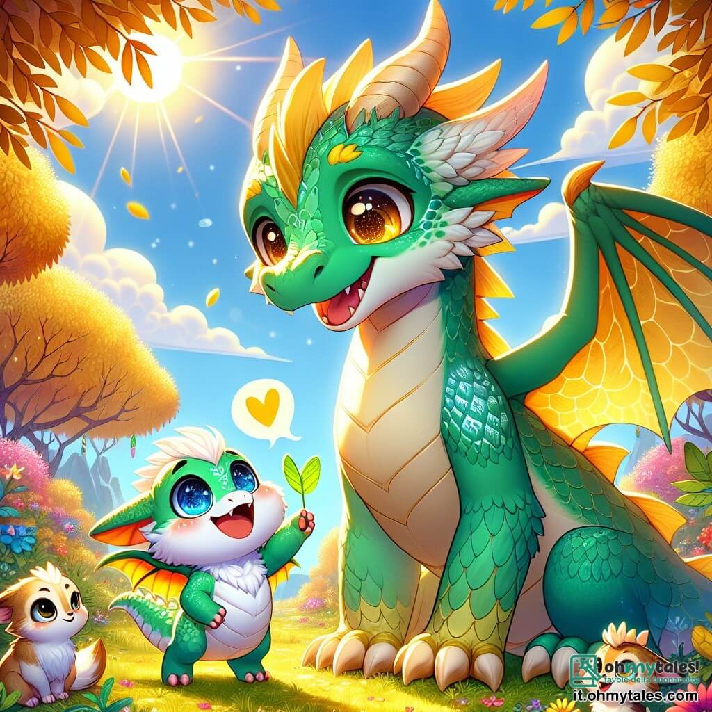 Un piccolo drago di nome Poffy, con squame verdi brillanti e ali morbide come nuvole, si trova davanti a suo padre drago, gli occhi scintillanti di gioia e un grande sorriso sul volto. Suo padre, un drago maestoso con squame dorate, lo guarda con orgoglio, le sue grandi ali spiegate dietro di lui e un sorriso caloroso che illumina il suo viso. Intorno a loro, il paesaggio è un magnifico boschetto pieno di fiori colorati e alberi con foglie dorate, sotto un cielo blu chiaro punteggiato di nuvole soffici. Raggi di sole filtrano attraverso i rami, creando un'atmosfera calda e gioiosa. La scena rappresenta Poffy che, con entusiasmo, offre a suo padre un cuore disegnato su una foglia, esprimendo il suo amore e la sua gratitudine per lui. I due draghi sono circondati dai loro amici animali, come una volpicchiotta dagli occhi brillanti e un piccolo gufo curioso, tutti sorridenti e ammirando il momento tenero tra padre e figlio.