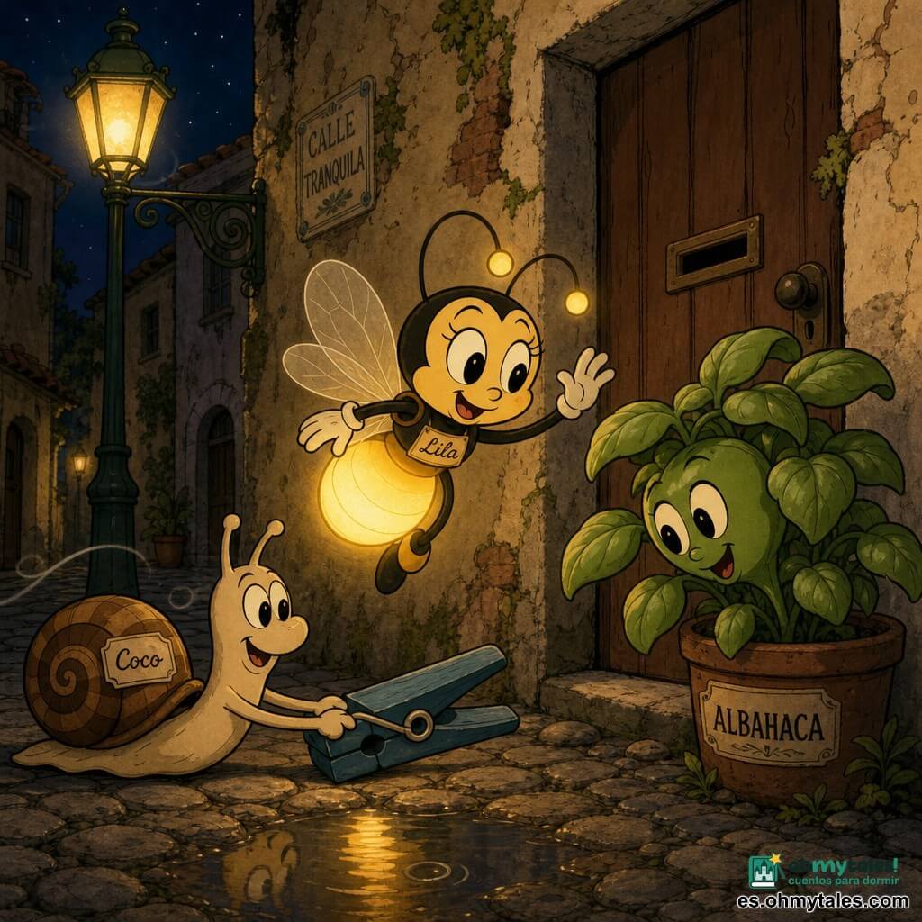 Lila, una pequeña luciérnaga antropomórfica emotiva y serena de ojos grandes y cuerpo redondo amarillo-anaranjado que flota iluminando con luz cálida un sendero, delante y ligeramente a la izquierda de Coco, un caracol sonriente de concha rayada beige y marrón que, lento y paciente, estira el cuerpo para empujar una pinza de ropa azul hacia una rendija en una puerta marrón; a la derecha, una maceta de albahaca con hojas grandes y aterciopeladas se inclina hacia Lila, y al fondo una farola de hierro forjado verde gastado parpadea suavemente en una estrecha calle empedrada con muros color tostado, musgo, una charca que refleja a la luciérnaga y una ventana alta con cortina; noche tranquila y acogedora, hoja seca girando en una brisa ligera.
