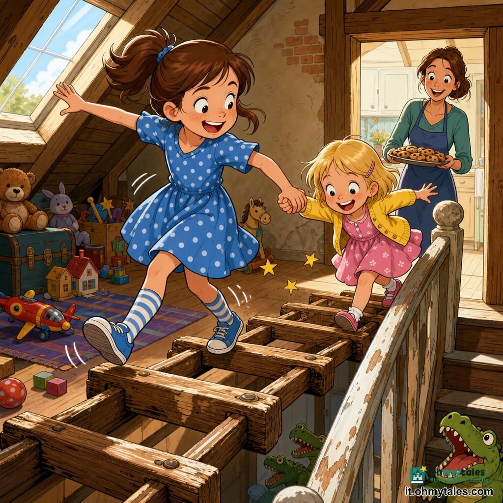 Sofia, 8 anni, sorridente e maliziosa, capelli castani in coda, in vestito a pois blu e calzini a righe, avanza con equilibrio su una vecchia scala di legno tendendo la mano alla sorella; Martina, 5 anni, bionda e gioiosa, in vestito rosa e gilet giallo, la tiene ridendo; la madre di circa 35 anni, capelli raccolti, sorride tenendo un vassoio di biscotti nell'anta della porta della cucina; scale consumate con venature e vernice scrostata, luce calda del sole dall'alto, giocattoli sparsi vicino alla botola; le bambine fingono di scappare da coccodrilli immaginari con espressioni esagerate, risate, movimento dinamico, piccole stelline e linee di moto per enfatizzare il gioco; colori vivaci, contorni morbidi, atmosfera gioiosa e ludica.