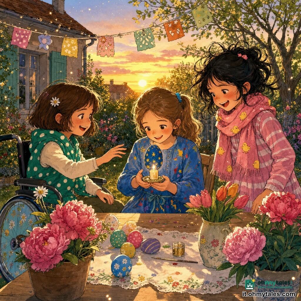 Ci sono tre bambine di circa 9 anni: Matilde, capelli castano chiaro raccolti in coda, veste blu con macchie di pittura, tiene un uovo blu decorato con stelle dorate posato su una piccola candela; Serena, capelli castani corti, seduta su una sedia a rotelle decorata con margherite e indossa un gilet verde smeraldo a pois, sorride e porge la mano da sinistra; Giada, capelli neri spettinati, sciarpa rosa con pulcini e vestito rosa a righe bianche, in piedi a destra ride guardando la candela, tutte e tre riunite attorno a un tavolo di legno in un giardino di famiglia al crepuscolo con fiori e qualche uovo dipinto, soffiano insieme la piccola candela sull'uovo blu in un'atmosfera calda e complice, luce bassa e tocchi dorati sulle stelle.