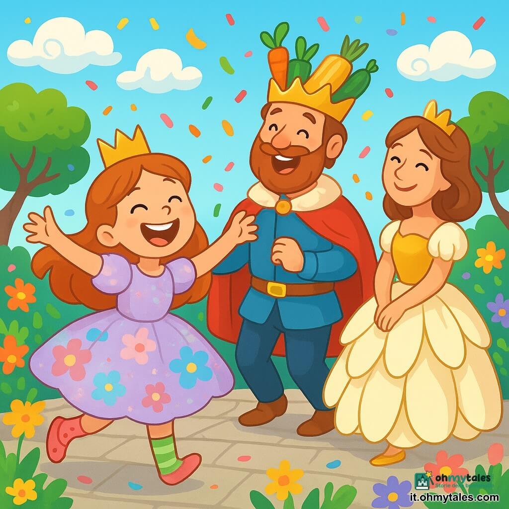 La principessa Lilla, una giovane ragazza gioiosa di circa 8 anni, indossa un vestito scintillante dai colori pastello, con motivi floreali e calze spaiate, una a pois rosa e l'altra a righe verdi. Ride di cuore, con gli occhi scintillanti di malizia, mentre danza sulla terrazza di pietra. Accanto a lei, il re, un uomo gioviale di una cinquantina d'anni, indossa una corona fatta di carote e zucchine, ridendo a crepapelle. La regina, una donna elegante di quarant'anni, è vestita con un abito di petali di margherita, sorridendo teneramente guardando sua figlia. Il decor è una terrazza in pietra, circondata da fiori multicolori che danzano al ritmo del vento, con alberi dai tronchi attorcigliati e nuvole a forma di caramelle che fluttuano in un cielo blu splendente. La scena rappresenta la festa dei Fiori Frizzanti, dove tutti i personaggi si divertono a danzare e ridere insieme, mentre coriandoli colorati cadono dal cielo, creando un'atmosfera magica e gioiosa.