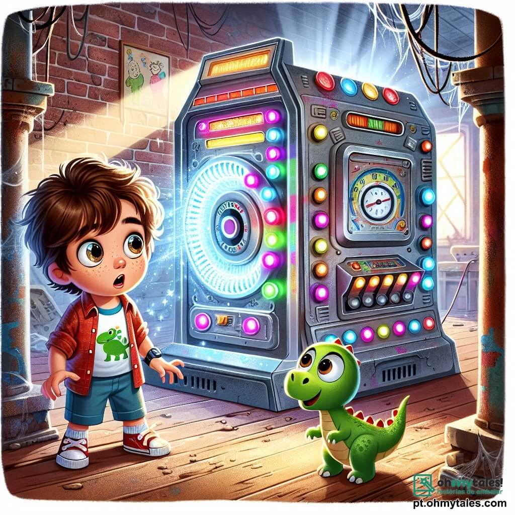 Um garoto de 8 anos, Lucas, com cabelos castanhos bagunçados e olhos brilhantes de curiosidade, está diante de uma máquina do tempo brilhante, cheia de botões coloridos e luzes cintilantes. Ele veste uma camiseta vermelha com um dinossauro desenhado e um short azul, seu rosto expressa maravilha e empolgação enquanto se prepara para apertar um botão. Ao seu lado, um pequeno dinossauro verde, com grandes olhos redondos e um sorriso amigável, está em suas patas traseiras, pronto para brincar. O cenário é uma sala empoeirada de um velho prédio abandonado, com paredes de tijolos e grafites coloridos. Teias de aranha pendem dos cantos, e raios de luz entram pelas janelas quebradas, iluminando a máquina do tempo no centro da sala. A cena principal mostra Lucas, com o coração acelerado, pronto para viver uma aventura incrível viajando no tempo, enquanto o dinossauro o incentiva com um olhar alegre, criando uma atmosfera de empolgação e mistério.