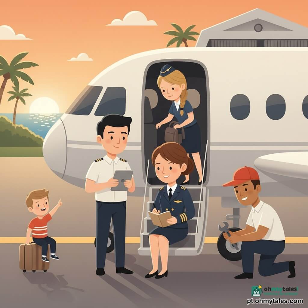 Uma piloto sorridente e serena, cabelos castanhos apanhados em coque, em uniforme azul-marinho com faixas douradas nos omros, escreve num pequeno caderno bege sobre o colo sentada na escada junto à porta do avião; ao lado esquerdo, um copiloto de cabelo curto e preto segura um tablet cinza; na ponte de embarque atrás da porta, uma comissária loira de trança ajuda um menino a guardar a mochila; um mecânico de boné vermelho verifica uma roda dianteira com uma chave inglesa ajoelhado; o menino, sentado numa mala, aponta maravilhado para o céu; cenário: pequeno aeroporto insular ao crepúsculo com pista de asfalto, hangar branco, palmeiras e mar ao fundo, luz laranja do pôr do sol; situação: após um pouso suave a equipa sorri e inspeciona a aeronave enquanto a piloto regista as horas de serviço, ambiente calmo e acolhedor, cores quentes e composição centrada na piloto e no caderno.