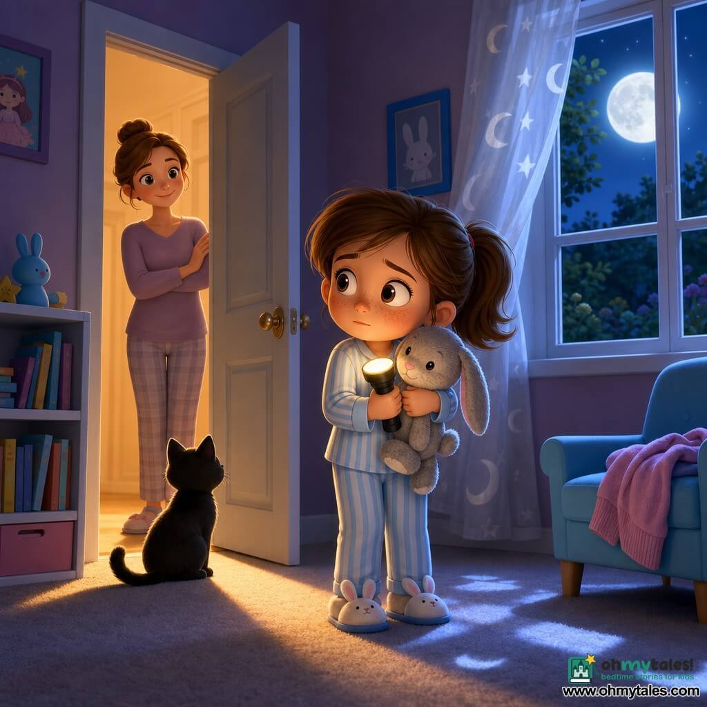 A 6-year-old girl with a round freckled face, brown ponytail, and wide curious eyes looks slightly worried but brave, clutching a small lit flashlight to her chest; she wears light blue striped pajamas, soft slippers, and holds a gray plush bunny. In the hallway a gentle-smiling woman in her 30s with light brown hair in a bun leaves the bedroom door ajar, casting a golden strip of light on the carpet. A calm black cat sits by the door, ears turned toward the girl. The softly lit pastel bedroom shows a bookshelf with colorful books, a blue chair with a rumpled sweater, and sheer white curtains throwing silver moon patterns on the floor; outside the window a large full moon and dark garden silhouettes cast cool light that contrasts with the warm yellow flashlight, creating a comforting, reassuring nighttime scene where the girl explores familiar shadows and turns them into friendly shapes.
