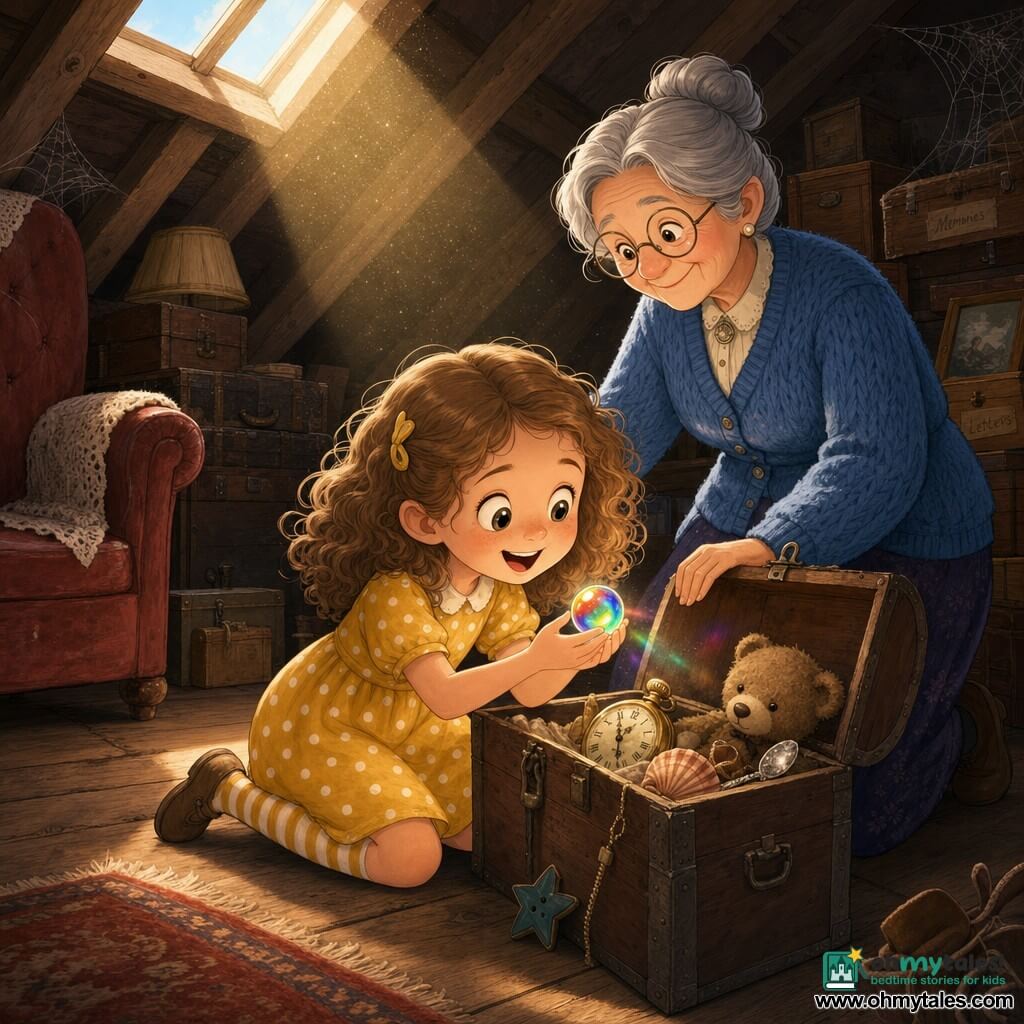 A 6-year-old girl with bright eyes and light chestnut curly hair, wearing a yellow polka-dot dress and striped socks, kneeling before a small dusty wooden chest and holding a rainbow marble that casts colorful reflections; an elderly grandmother of about 70 with gray hair in a bun, round glasses and a gentle smile stands behind her with a hand on her shoulder, wearing a blue knitted cardigan and long skirt; a small warm attic with wide wooden floorboards, exposed beams, a skylight beam of sunlight, stacked old boxes, a red leather chair and fine cobwebs; the main scene shows a tiny door in the wall open and the chest ajar filled with old trinkets (pocket watch, seashell, silver spoon, star button, worn teddy bear), golden dust floating in the sunbeam, tender magical mood, warm colors, soft textures, simple expressive lines and clean outlines suited to a children's cartoon.