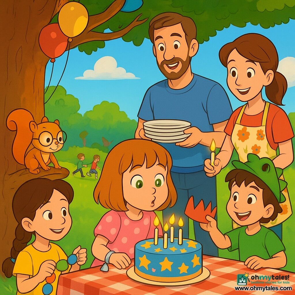 A joyful 6-year-old girl with light brown bobbed hair and bright green eyes, wearing a pink polka-dot dress and a small silver bell on her wrist, blows out candles on a round star-decorated cake on a checkered cloth; to her right Sami, an enthusiastic ~6-year-old boy with messy brown hair and a green dinosaur hat, offers a paper crown, and to her left Nora, a calm smiling ~6-year-old girl in a bright yellow dress with a braid, helps hold garlands; behind the table the parents — father in his thirties with light stubble and a blue t‑shirt holding plates, and mother in her thirties with hair tied up and a floral apron bringing spare candles — smile; an anthropomorphic squirrel, Professor Acorn, wearing small round glasses and an acorn-shaped backpack, perches on a low branch watching mischievously; the scene is a sunny park with a large textured-trunk oak, colorful balloons on the branches, a wooden picnic table with decorations, children running on green grass, soft clouds and a pale blue sky; main moment: a friendly, joyful birthday cake scene with the girl blowing out candles surrounded by friends and parents, the tiny silver bell subtly sparkling; graphic style: saturated colors, round expressive lines, simple 90s-cartoon textures, warm light and happy atmosphere.