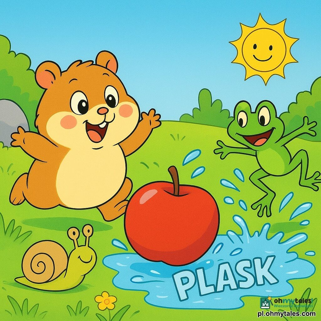 Puchaty, okrągły świstak o jasnobrązowo-kremowym futrze, różowych policzkach i błyszczących oczach biegnie na tylnych łapach w stronę dużego czerwonego jabłka, za którym powoli ślizga się ślimak Stefan z beżową spiralną muszlą i oliwkowym ciałem; obok skacze zielona żaba Zuzia, a cała scena na łące z wysoką trawą, żółtymi kwiatami i skałą po lewej pokazuje jabłko tocące się do kałuży, które robi wielki "plask", pluskając świstaka, ślimaka i żabę, z rozpryskującą się wodą i uśmiechami na ich twarzach.