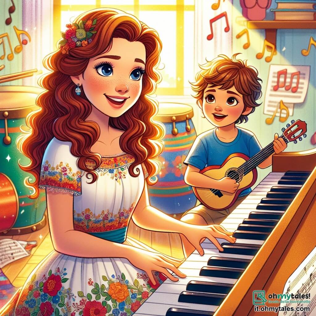 Al centro dell'immagine, Anna, una giovane donna dai lunghi capelli ricci castani, è seduta davanti a un pianoforte. Ha un sorriso radioso, i suoi occhi brillano di gioia ed entusiasmo mentre suona note melodiose. Indossa un bel vestito colorato con motivi floreali che danza attorno a lei ad ogni movimento. Accanto a lei, Marco, un ragazzo di circa 8 anni con capelli corti e castani, la guarda con ammirazione. Indossa una maglietta blu e pantaloni corti, e tiene in mano una piccola chitarra. Il suo viso esprime concentrazione ed eccitazione mentre si prepara a cantare con Anna. La scena si svolge in una stanza luminosa e accogliente, piena di strumenti musicali colorati: tamburi, chitarre e spartiti sparsi sul pavimento. I raggi di sole filtrano attraverso le finestre, illuminando la stanza e creando un'atmosfera gioiosa e ispiratrice. La situazione principale mostra Anna e Marco che cantano insieme, le loro voci si uniscono in una melodia gioiosa, mentre note musicali fluttuano attorno a loro come stelle scintillanti, simboleggiando la magia della musica che li unisce.