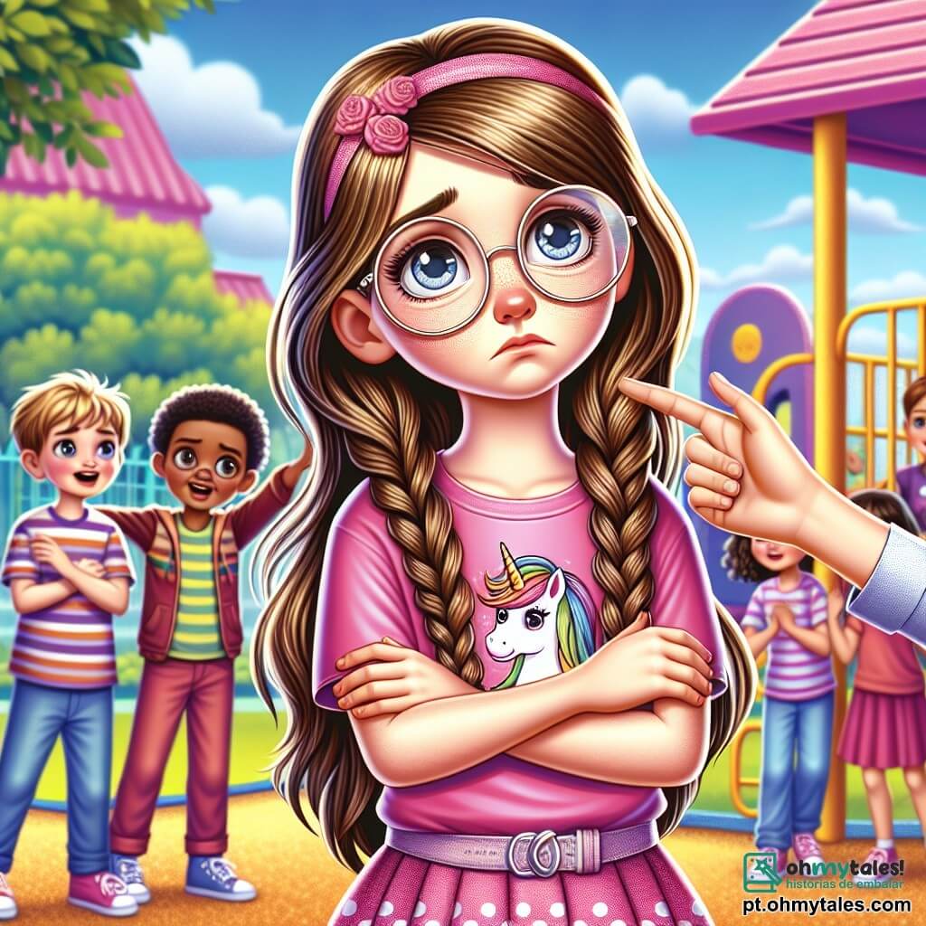 Uma menina de 8 anos, com longos cabelos castanhos e óculos redondos, está no centro da imagem, com os olhos brilhantes de tristeza e confusão. Ela usa uma camiseta rosa com um desenho de unicórnio e uma saia de bolinhas. Ao lado dela, sua melhor amiga, Sofia, também de 8 anos, com cabelos loiros trançados e um sorriso encorajador, segura sua mão para apoiá-la. Elas estão em um pátio escolar animado, cercadas por brinquedos coloridos e colegas que brincam ao longe. Ao fundo, um grupo de meninos, incluindo Tiago, um garoto de 8 anos com cabelo curto e uma expressão zombeteira, ri delas, apontando com o dedo. A cena mostra o contraste entre a amizade e o bullying, com cores vibrantes e expressões emocionais fortes.