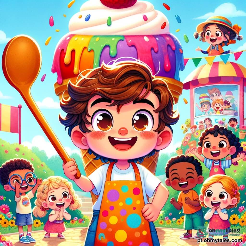 Um menino de 8 anos, Lucas, com cabelo castanho bagunçado e olhos brilhantes de travessura, está em pé diante de um imenso sorvete gigante. Ele usa um avental colorido, cheio de manchas vibrantes, e exibe um grande sorriso, demonstrando sua empolgação e determinação. Ao seu lado, um grupo de crianças da mesma idade, todas alegres, o incentiva com gritos entusiasmados. Entre elas, uma menina com cabelo loiro trançado e boné vermelho levanta os braços, enquanto um menino de óculos redondos e cabelo preto segura uma colher gigante, pronto para ajudar. O cenário é um parque ensolarado, repleto de flores coloridas e risadas de crianças. Ao fundo, um quiosque de sorvete decorado com guirlandas coloridas chama a atenção, com o famoso sorveteiro, Sr. Gelado, sorrindo e observando a cena. A situação principal mostra Lucas, concentrado e divertido, tentando comer o sorvete gigante, enquanto seus amigos o incentivam e riem, criando uma atmosfera alegre e festiva em torno desse desafio impossível.