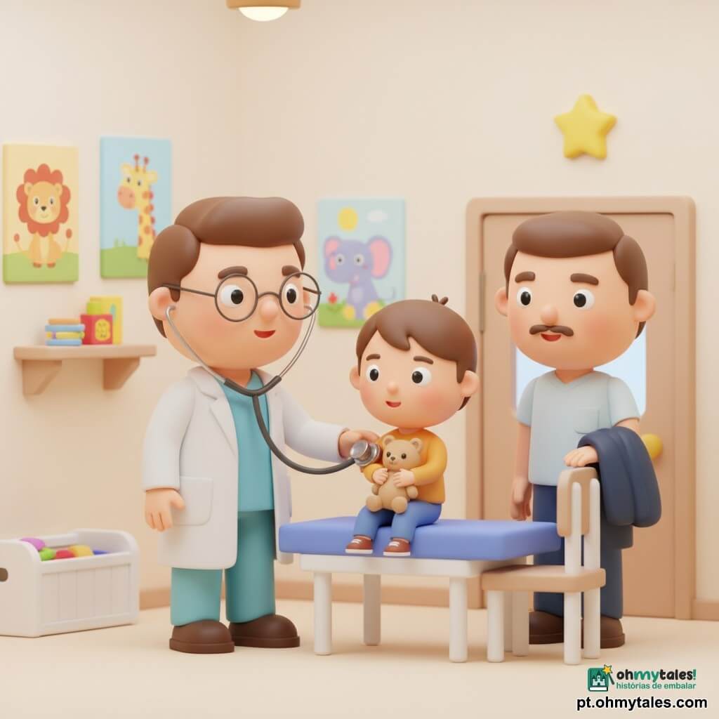 Um médico de 30–40 anos, rosto e óculos redondos, sorriso acolhedor, segura um estetoscópio metálico no peito do menino; o menino de 4–5 anos, cabelos castanhos curtos e bochechas rosadas, abraça um ursinho bege sentado na mesa de exame, tímido mas corajoso; o pai de 35–40 anos, casaco azul escuro dobrado no braço, observa aliviado com a mão no encosto da cadeira; a sala é clara, paredes creme com pôsteres de animais, mesa branca com almofada azul, baú de brinquedos, adesivo de estrela na prateleira e luminária redonda no teto — cena tranquila, calorosa e segura em cores pastel e texturas suaves.