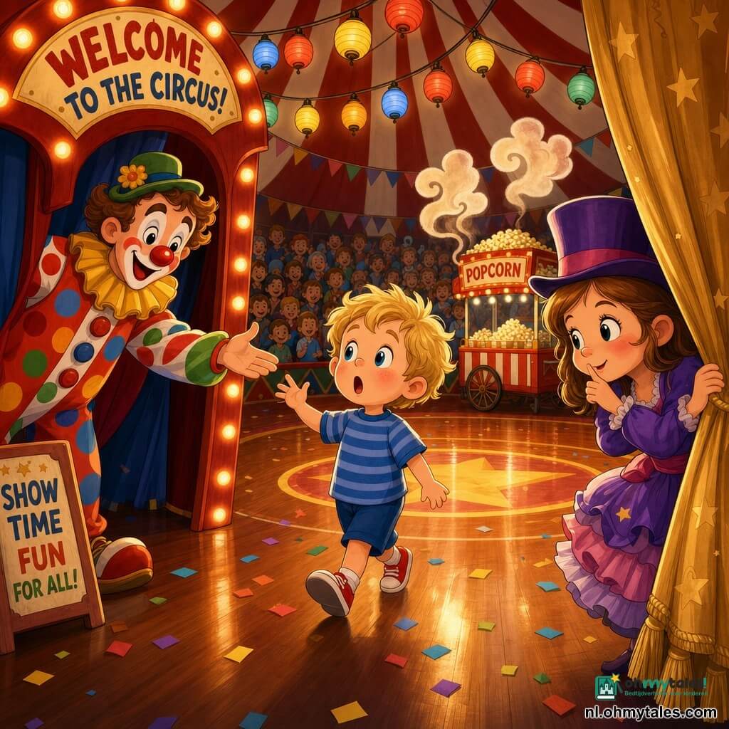 Een 4-jarige jongen met verbaasde ronde ogen en open mond, warrig blond haar, blauwgestreept t‑shirt en rode schoentjes loopt verbaasd naar de centrale piste met één hand opgeheven, een clown van ongeveer 30 jaar met glanzende rode neus en gekleurd stippenkostuum begroet hem bij de ingang van de piste, een meisje van circa 7 jaar met paarse hoge hoed en ruchesjapon houdt een gouden gordijn op een kier en fluistert vanaf de achterkant van het podium, grote rood‑witte circustent met hangende lampions, gepolijste houten pistevloer, verspreide confetti en dampende popcorngeur; hoofdscène: de jongen centraal onder warme lampen, de clown verwelkomt, het meisje glimlacht, vrolijke sfeer, felle kleuren en ronde vormen.