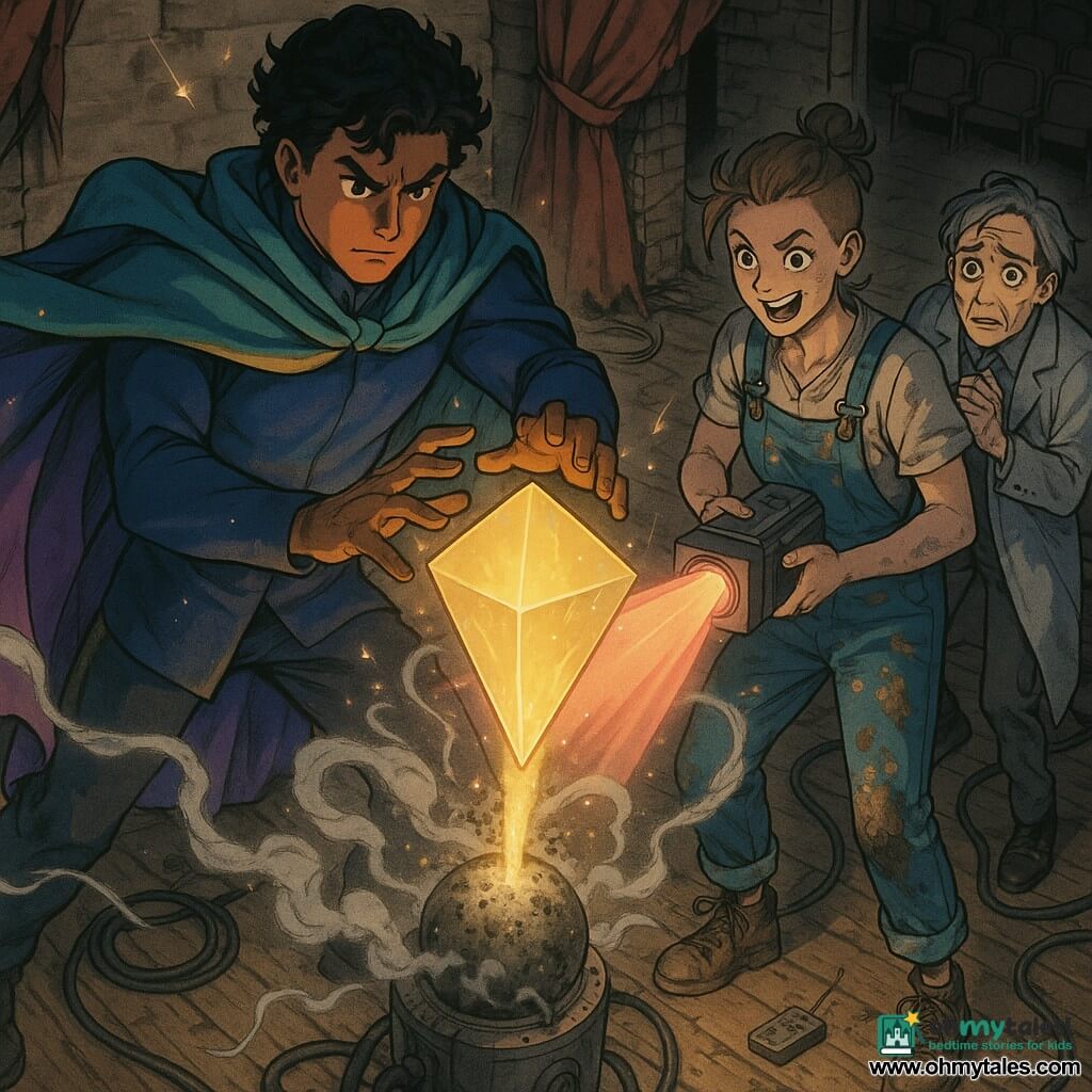 An adult man (~30), SpectraKnight, copper-brown face, curly black hair, wearing a flowing aurora-colored cape (teal, gold, violet), determined, shaping a large hard yellow-gold light prism above a smoking machine; his hands glow and soft sparks fall around him. A young woman (~25), Junie, artist, shaved on one side with a messy bun, paint-splattered overalls, brave and mischievous, holds a spotlight projecting a pink-orange sunrise at a smoking sphere and stands just behind SpectraKnight. An older man (~50), Dr. Morrow Vane, inventor, gray hair, long reflective coat, pale and worried, watches nervously from a step back near the machine, hands clenched near a small remote dropped on the floor. Basement of an old theater: worn wooden floor, torn red curtain, damp brick walls, black cables snaking, dark seats visible above; high-contrast lighting with deep shadows and warm shafts. Dramatic moment: the prism of light captures a gray-yellow energy jet escaping a sphere filled with micro-drones, Junie’s spotlight intensifies the colors, silver mist filaments swirl—heroic, tense, dynamic composition with downward perspectives emphasizing scale and motion.