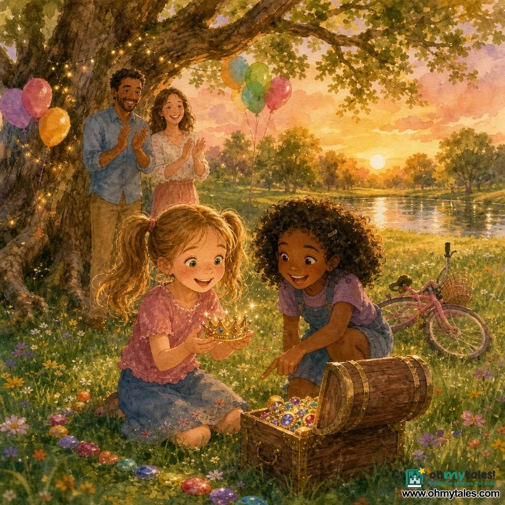 An 8-year-old girl with light brown pigtails, freckles and sparkling green eyes smiles in wonder holding a small glittering crown while her friend Emily, also 8 with curly black hair, laughs and crouches beside an open wooden chest pointing at the treasure; their parents (mid-30s) with colorful balloons stand a little back under a large ancient oak, applauding, as a garland of colored stones leads to the chest, a pink bicycle rests on the grass, and a small pond glitters in a dusk park dotted with wildflowers—a warm, joyful birthday surprise rendered in a soft watercolor palette with golden sunset light.