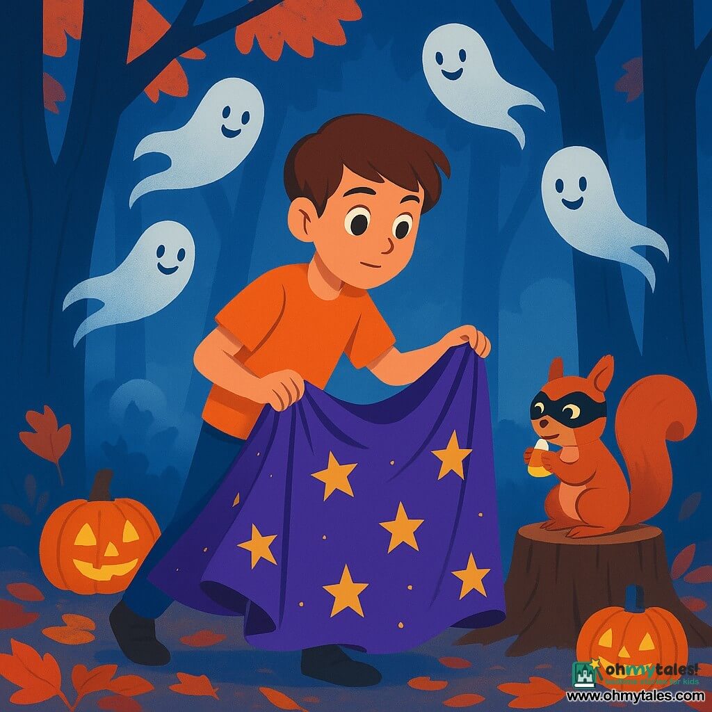 A 10-year-old boy with chestnut hair, big bright eyes, wearing an orange T‑shirt and jeans, cautiously walks between tree trunks holding a starry purple cape he has found on a stump while a masked, mischievous red squirrel nibbles candy corn and friendly translucent white ghosts with soft smiles float low in a circle leaving misty trails around him in an autumn dusk wood of orange and red leaves, dark trunks, green moss and pumpkin lanterns, the centered scene rendered in flat vivid violets, oranges and deep blues with a cozy yet mysterious atmosphere.