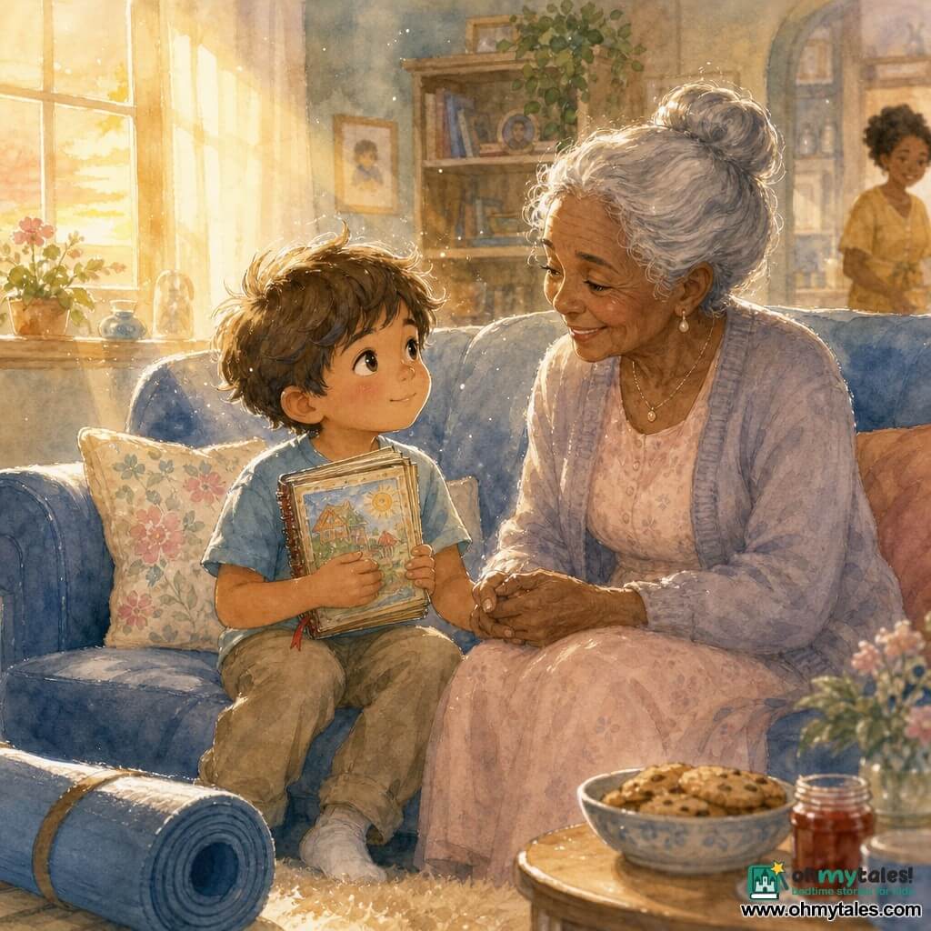 A 6‑year‑old boy with round bright eyes, a cherubic face and tousled chestnut hair sits on a plush faded‑blue sofa holding a small colorful notebook to his chest, looking curious and peaceful; beside him an elderly woman of about 70 with gray hair in a soft bun and a warm smile watches him kindly and holds his hand. The notebook is old with slightly yellowed pages, visible children’s drawings and a small red ribbon. The sofa has floral cushions and a knitted throw on the arm. Sunset light filters through a window with golden rays and visible dust, casting long shadows and warm reflections. In the background: a cream rug, a rolled blue yoga mat by the sofa, and a small wooden table with a bowl of cookies and a jar of jam. Overall cozy, soft, reassuring mood in pale pastels (pale yellow, sky blue, powder pink), watercolor textures with white gel‑pen highlights on face and object contours; the main scene is a tender, secure moment after a discovery as the boy shows his notebook like an emotional treasure to his grandmother.