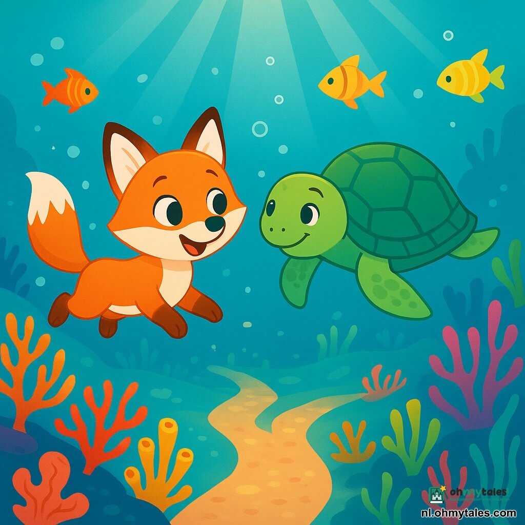 Een kleine vos genaamd Finn, met een feloranje vacht en nieuwsgierige sprankelende ogen, zwemt vrolijk in een turquoise zee met een grote glimlach op zijn gezicht. Naast hem zwemt een grote groene zeeschildpad met zachte ogen, die vriendelijk en aanmoedigend lijkt, en hem uitnodigt om de diepten te verkennen. De zeebodem is gevuld met kleurrijke koralen, en kleurrijke vissen dansen om hen heen, terwijl zonnestralen door het heldere water filteren en een magische sfeer creëren. Finn en de schildpad gaan naar een helder koraalpad, waar twee paden zich splitsen, elk omringd door golvende zeewier. Finn kijkt met een mengeling van opwinding en aarzeling naar de twee richtingen, klaar om zijn keuze te maken voor het onderwateravontuur.