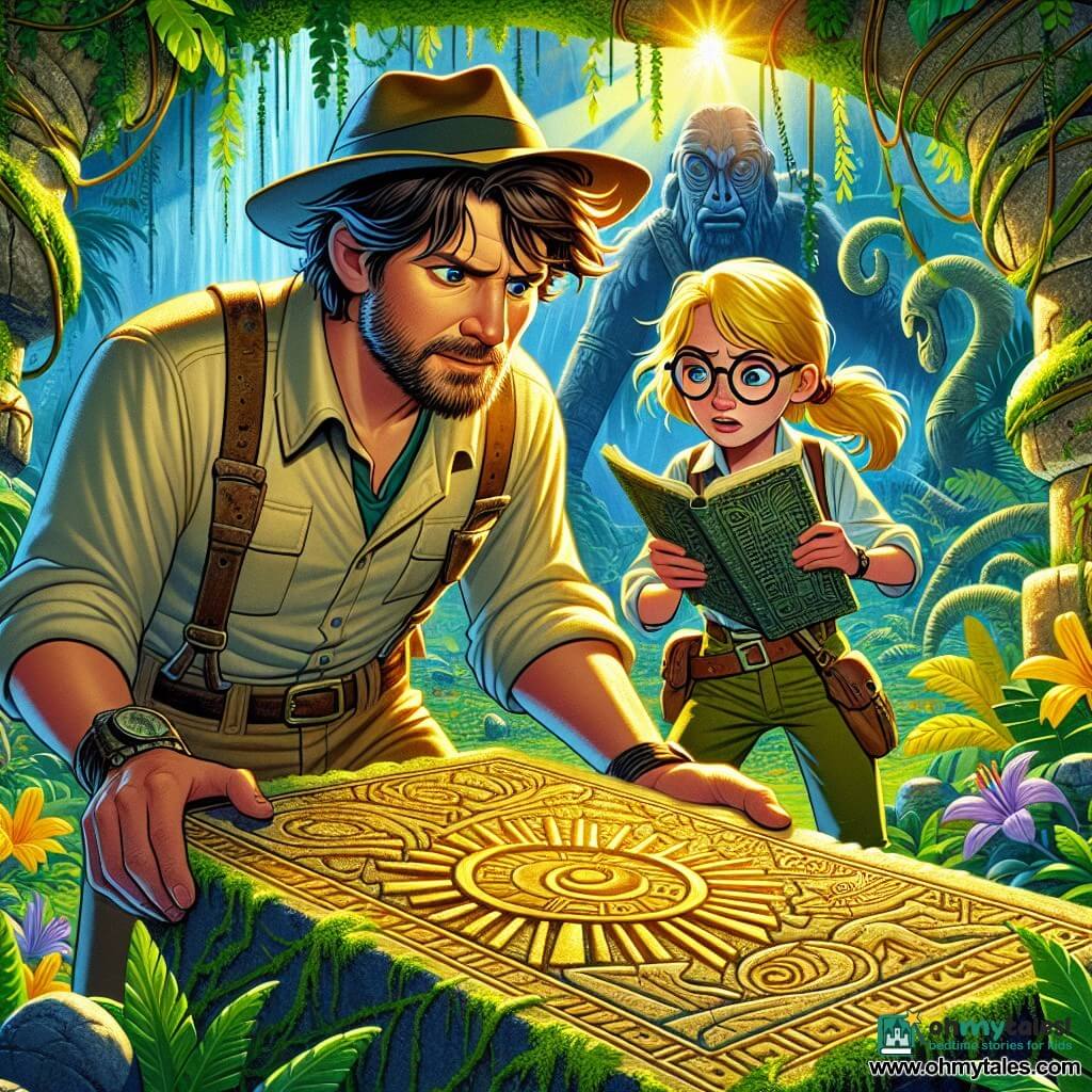 A man, Oliver, around 30 years old with messy brown hair and a light beard, shows determination and wonder. He wears an explorer's hat, a khaki shirt, and sturdy pants while holding an ancient map. Beside him, a woman, Amelia, about 28 years old with her blonde hair in a ponytail and round glasses, closely examines a strange symbol carved on a stone, her face lit by curiosity. Their environment is a lush jungle filled with trees with golden and silver leaves, giant brightly colored flowers, and fantastical animals hiding in the foliage. Sunlight filters through the dense canopy, casting dancing shadows on the moss-covered ground. The main scene depicts Oliver and Amelia discovering an ancient stone arch covered in vines, symbolizing their quest to reach the heart of the enchanted jungle, surrounded by a palpable aura of magic.