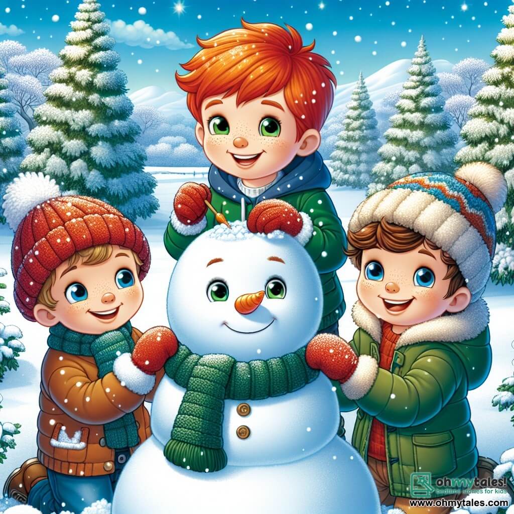 Three eight-year-old boys stand at the center of the scene. Jack, with red hair and sparkling eyes, wears red mittens knitted by his grandmother and smiles joyfully. To his right, Leo, a small boy with brown hair and bright eyes, is dressed in a large blue hat that makes him look like a teddy bear. On the left, Ben, with brown hair and a smiling face, wears a big green jacket that resembles a giant pea. They are in an enchanting winter park, where freshly fallen snow covers the ground like a soft white carpet. Majestic trees laden with snow line the park, and the sky is a bright blue with a few fluffy clouds. The boys are building a huge snowman, laughing and having fun together. They roll snowballs, add a carrot for the nose and shiny stones for the eyes, while a group of colorful birds joyfully flies around them, adding a touch of life to this magical winter scene.
