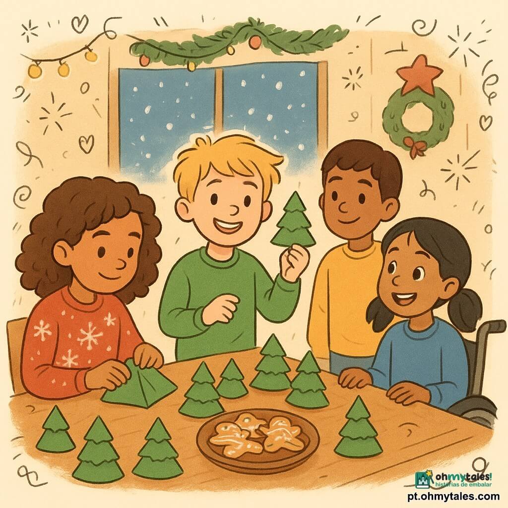 Há 4 crianças: Clara, uma menina de 9 anos, tem cabelos castanhos cacheados e veste um suéter vermelho com flocos de neve brancos. Ela está à esquerda da imagem, concentrada em dobrar um guardanapo verde em forma de árvore de Natal. Tomás, um menino de 9 anos, tem cabelos loiros despenteados e veste um suéter verde. Ele está ao lado de Clara, sorrindo e mostrando orgulhosamente um guardanapo dobrado em forma de árvore. Sofia, uma menina de 8 anos, tem cabelos negros presos em duas marias-chiquinhas e veste um suéter azul. Ela está em uma cadeira de rodas à direita de Tomás, olhando com entusiasmo para os guardanapos dobrados. Tiago, um menino de 10 anos, tem cabelos castanhos curtos e veste um suéter amarelo. Ele está em pé atrás de Clara e Tomás, observando a cena com um ar cúmplice. O local é uma sala comunitária acolhedora, decorada para o Natal com guirlandas luminosas e decorações festivas nas paredes. Uma grande mesa de madeira está coberta de guardanapos verdes dobrados em forma de árvores, e biscoitos de Natal estão dispostos em uma bandeja no centro. A situação principal mostra as crianças dobrando guardanapos em forma de árvores de Natal, rodeadas por uma atmosfera alegre e festiva. As luzes brilham suavemente, e a neve cai lá fora, visível através de uma grande janela atrás deles.