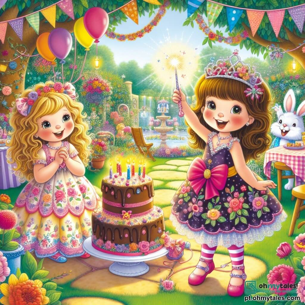 Em um jardim ensolarado, uma menina de três anos, Lila, com cabelos cacheados e loiros, usa um vestido colorido com estampas de flores. Ela está no centro da imagem, sorridente, segurando uma linda varinha mágica brilhante. À sua direita, sua melhor amiga Tita, também de três anos, com cabelos castanhos e uma franja grande, usa um chapéu de palhaço divertido e ri alegremente. À esquerda, um coelho branco travesso, com um grande laço vermelho no pescoço, dança sobre as patas traseiras, adicionando um toque de magia à cena. O jardim está cheio de flores vibrantes, balões coloridos flutuando no ar e uma grande mesa decorada com um lindo bolo de chocolate, coberto de velas brilhantes. A cena representa o momento em que Lila e seus amigos cantam "Parabéns", cercados de risos e felicidade, enquanto o coelho mágico os observa com um sorriso cúmplice, pronto para trazer mais surpresas a este dia especial.