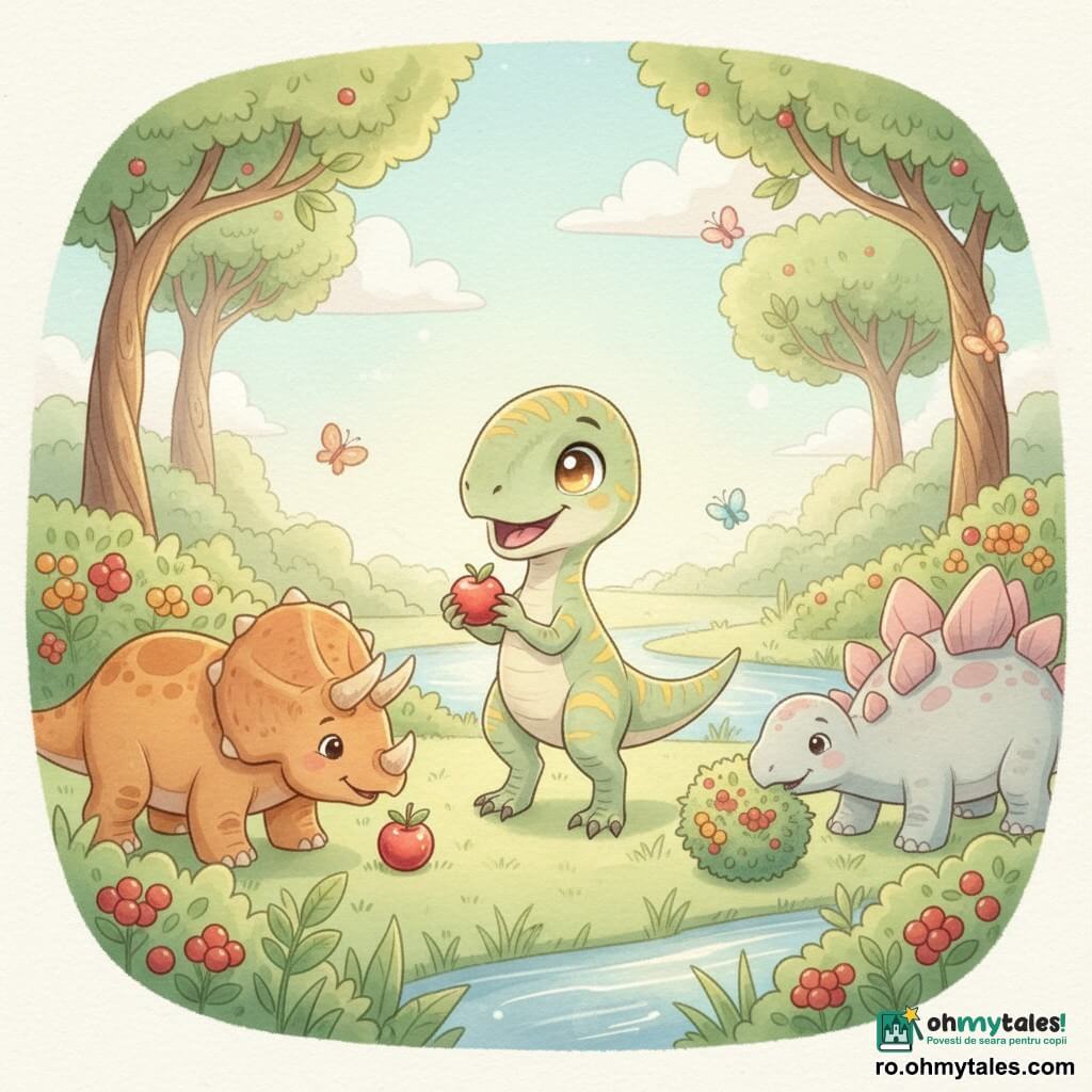 Un mic velociraptor numit Riko, vesel și uimit, cu ochi mari, piele verde deschis cu dungi galbene, stă în picioare și ține un fruct roșu; Tiri triceratopsul, calm și zâmbitor, cu coarne scurte și piele groasă brun-portocalie, stă la stânga și miroase un fruct de pe sol; Stegi stegosaurele, blând, cu plăci roz și gri deschis, stă la dreapta și împinge o bilă de frunze cu botul; Valea Soarelui are iarbă verde, tufe cu fructe roșii și galbene, un pârâu strălucitor, fluturi colorați și copaci cu trunchiuri răsucite; cei trei tocmai au sosit, zâmbesc și împart fructe dulci sub o lumină blândă de după-amiază, atmosferă liniștită și veselă.