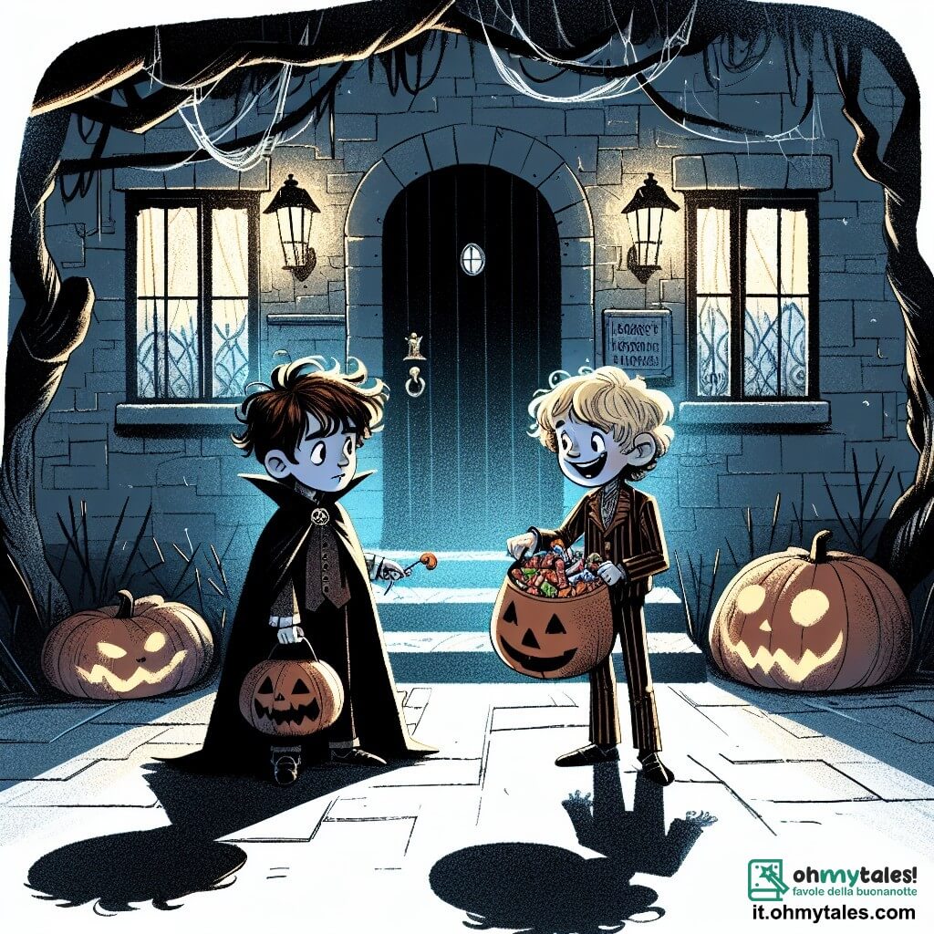 Due ragazzi, Marco e Luca, di 10 anni, si trovano al centro della scena. Marco, con i capelli castani arruffati e indossando un mantello da vampiro nero, guarda con curiosità intorno a sé. Accanto a lui, Luca, con i capelli biondi e in costume da zombie, sorride entusiasta, tenendo in mano un sacchetto di caramelle stracolmo. Si trovano davanti a una casa stregata, una vecchia costruzione con muri in pietra grigia, coperta di ragnatele e decorata con zucche illuminate. Ombre danzano sui muri, creando un'atmosfera misteriosa e leggermente spaventosa. Marco e Luca, pronti a entrare nella casa, si scambiano uno sguardo complice, mescolando eccitazione e apprensione, mentre si preparano ad affrontare la sfida del ghoul per ottenere ancora più caramelle.