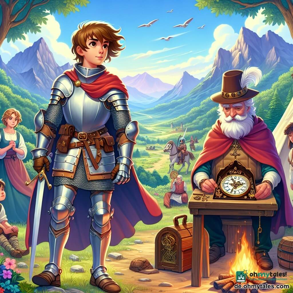 Ein junger Ritter, Sir Lennart, steht stolz im Mittelpunkt der Szene, mit glänzender Rüstung und einem entschlossenen Lächeln auf seinem Gesicht. Seine braunen Haare wehen leicht im Wind, und seine Augen strahlen Mut aus. Er schwingt sein Schwert, bereit, die Unterdrückten zu verteidigen. An seiner Seite steht ein alter Uhrmacher, Meister Finian, etwa 70 Jahre alt, in einer abgenutzten Ledertunika und runden Brillen, die ihm von der Nase rutschen. Er betrachtet aufmerksam eine alte Holz-Uhr, sein Gesicht von Falten geprägt, die Weisheit und Hingabe zeigen. Im Hintergrund steht eine Gruppe von Dorfbewohnern, Männer und Frauen um die 30, nahe einem Lagerfeuer, deren Gesichter vom tanzenden Licht der Flammen erleuchtet werden. Sie schauen mit Bewunderung und Hoffnung zu Sir Lennart, bereit, ihn in seiner Quest zu unterstützen. Die Szene spielt in einem grünen Tal, umgeben von majestätischen Bergen, mit laubtragenden Bäumen und bunten Blumen am Wegesrand. Der Himmel ist strahlend blau, gesprenkelt mit flauschigen weißen Wolken. Sir Lennart und seine Gefährten bereiten sich darauf vor, eine Bande von Räubern zu konfrontieren, die in der Region ihr Unwesen treiben, entschlossen, Frieden und Gerechtigkeit in ihr Königreich zurückzubringen.