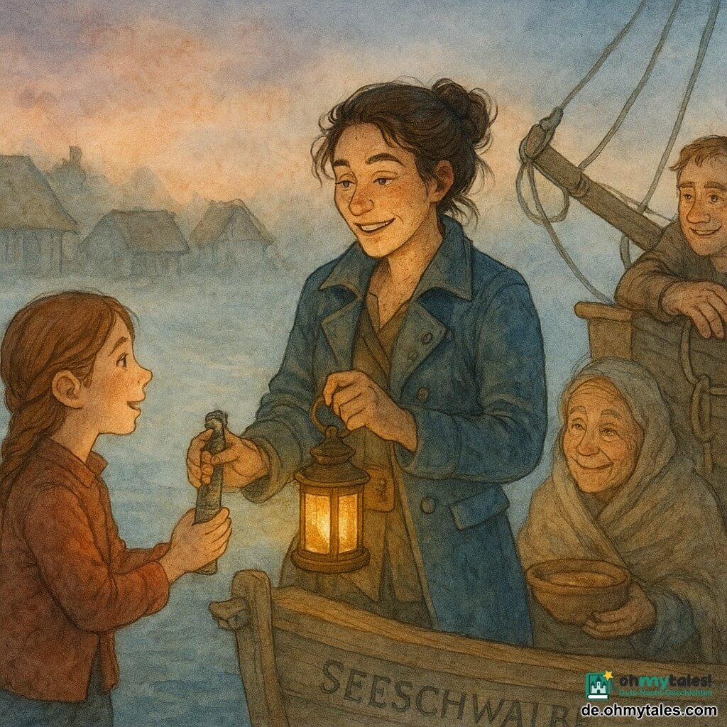 Die Szene spielt in der Dämmerung an einem nassen Holzsteg mit leichter Nebel über dem Wasser und niedrigen Fachwerkhäusern mit Strohdächern im Hintergrund; die Protagonistin ist die Piratenkapitänin Marla, lächelnd und erleichtert, salzgesprenkeltes Gesicht, braune Haare im Dutt mit ein paar losen Strähnen, abgewetzte blaue Lederjacke und Stiefel, sie hält eine kleine, brennende Messinglaterne auf der Bugspitze; Smilla, etwa 12 Jahre alt, enthusiastisch mit geröteten Wangen und geflochtenem Haar, reicht ernsthaft eine Schraube neben der Laterne und steht auf dem Deck hinter Marla; Tamo, ebenfalls ca. 12, schüchtern aber glücklich, nasses schwarzes Haar, steht am Steg neben seiner Großmutter und blickt zur Laterne; Frieda, etwa 80, faltiges Gesicht und lebhafte Augen, in einer großen Decke eingehüllt, hält eine Schüssel Suppe und lächelt Marla vom Steg zu; Jappe, um die 30–40, mit bandagierten dicken Fingern und verlegenem Lächeln, wischt sich die Hände und lehnt an einer Rolle am Bootsrande; das Holzboot „Seeschwalbe“ mit genagelten Planken, eingereffter Segel und einer kleinen Meeresfigur am Bug; die Messinglaterne wirft einen warmen gelb-orangen Lichtkreis, der mit dem blaugrauen Nebel kontrastiert; weicher Aquarellstil, feine Striche, körnige Texturen, Farbpalette aus Lachs-, Marine- und moosgrünen Tönen, stimmungsvolle, warme Atmosphäre.