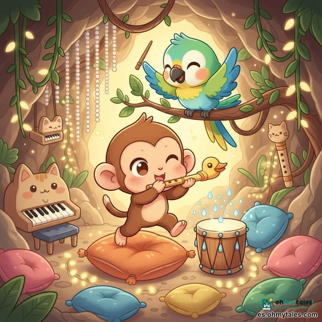 Tico, un pequeño mono chibi de ojos grandes y pelaje caramelo, toca con alegría una flauta en forma de pato brillante mientras salta sobre un cojín; Polo, un loro chibi de plumaje verde, azul y amarillo, sonríe y dirige la música desde una rama; junto a ellos, un tambor de madera con motivos de gotas azules vibra y suelta pequeñas gotas brillantes. La cueva, decorada con cortinas de cuentas nacaradas, lianas, instrumentos con rasgos animales y cojines y guirnaldas en forma de hojas, ofrece una atmósfera cálida, luminosa y divertida llena de risas.